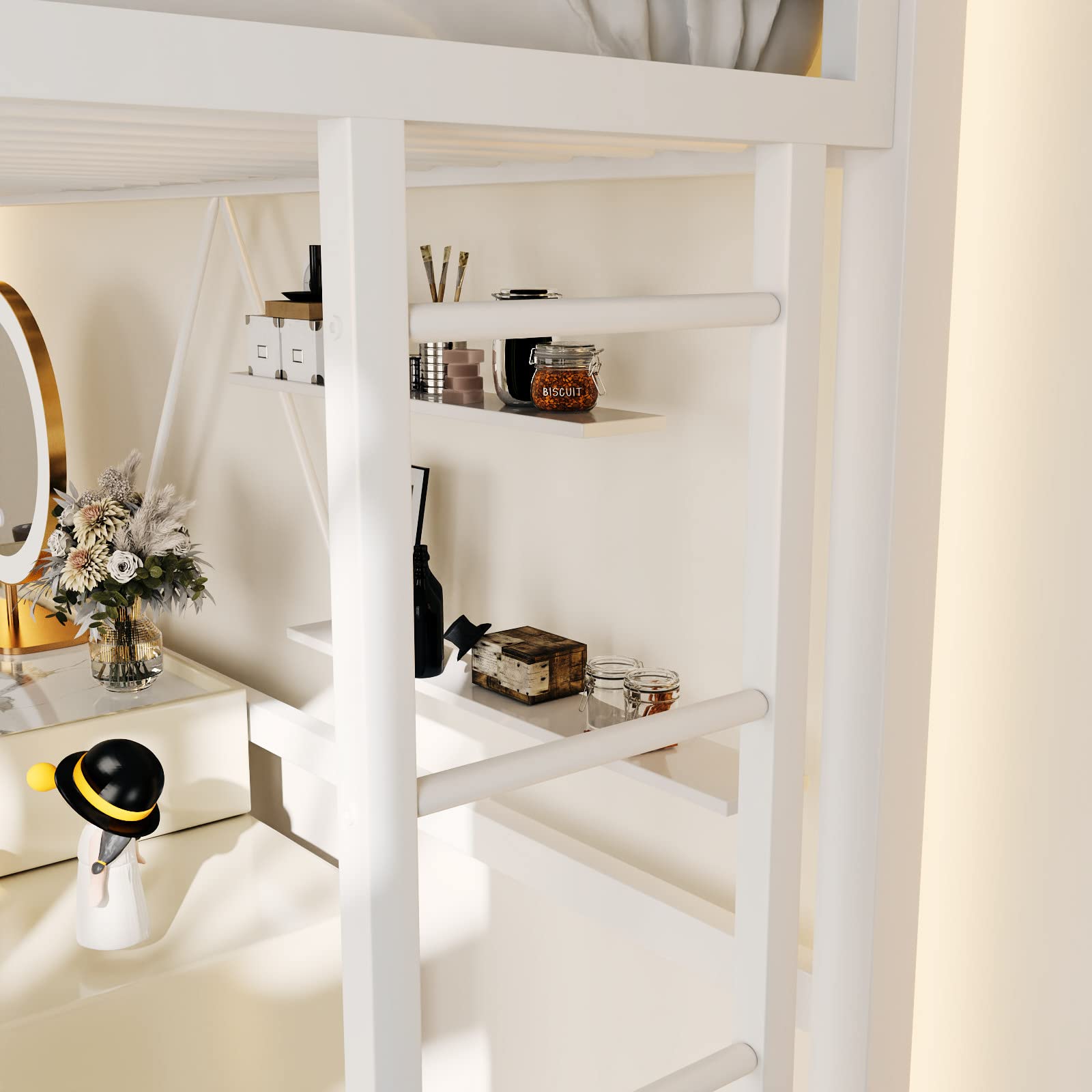 Loft Bed Twin Size with Safety Guardrail and Ladder