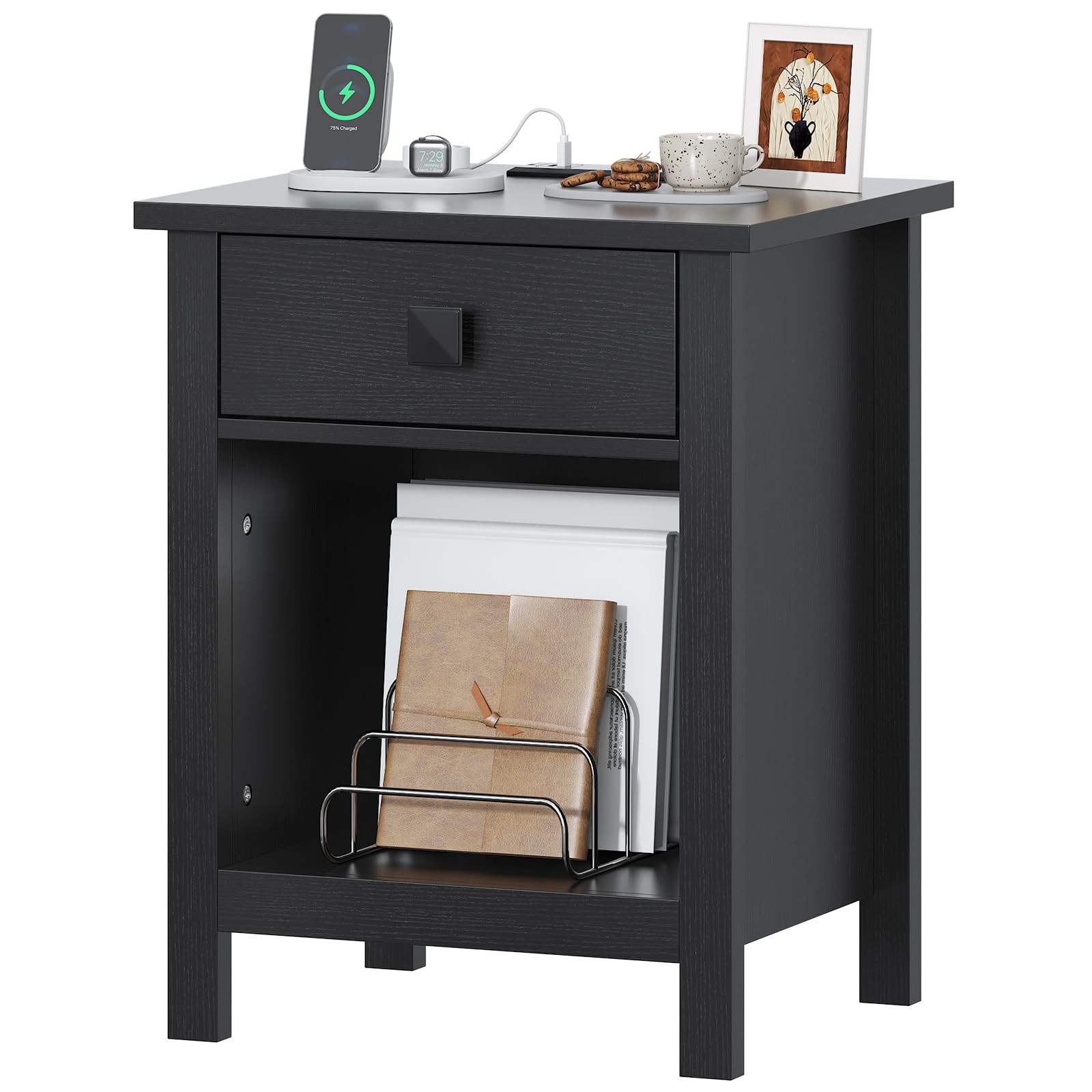 Nightstand with Charging Station and LED Lights, End Table with Wooden Drawers