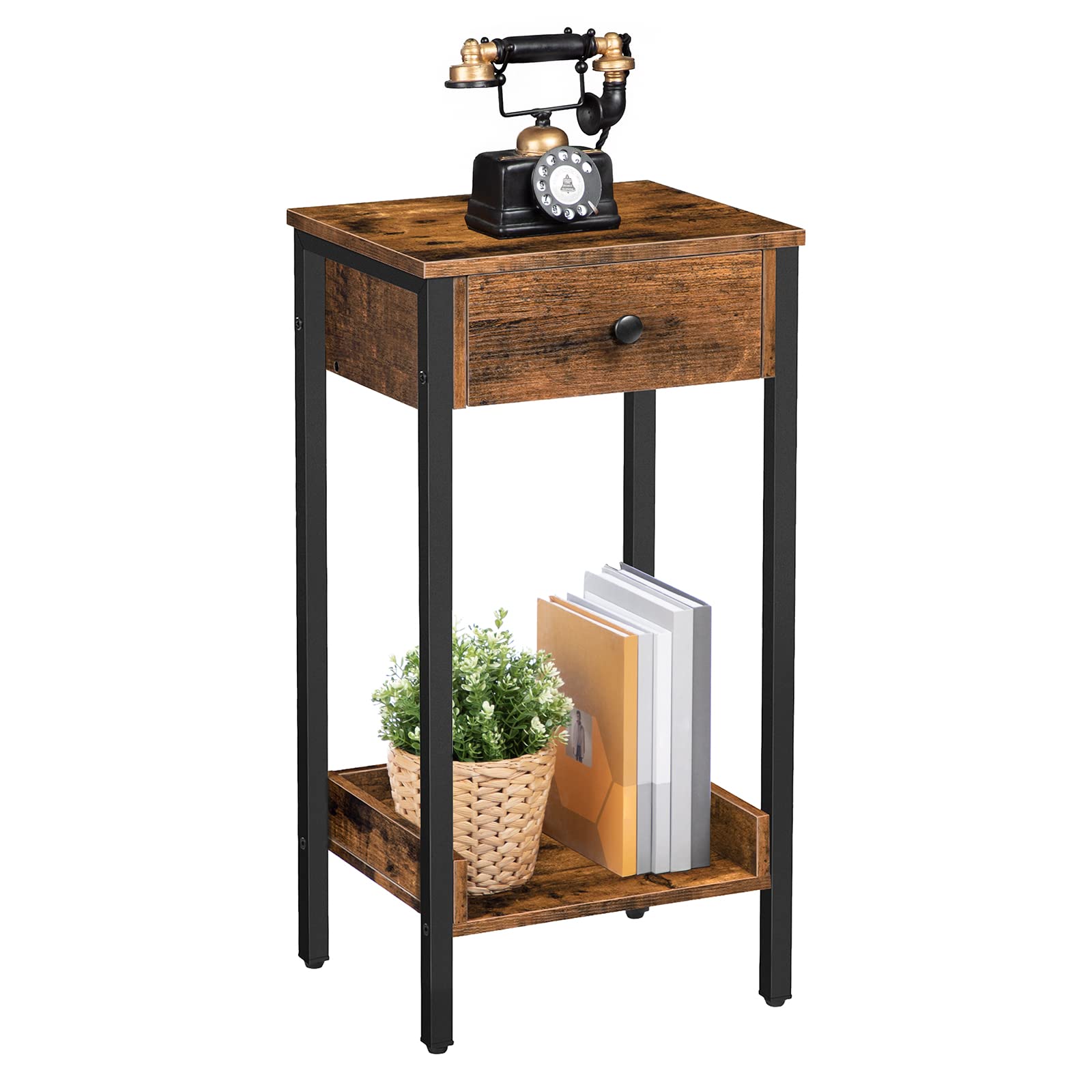 Tall End Table, Nightstand, Industrial Side Table with Drawer and Storage Shelf
