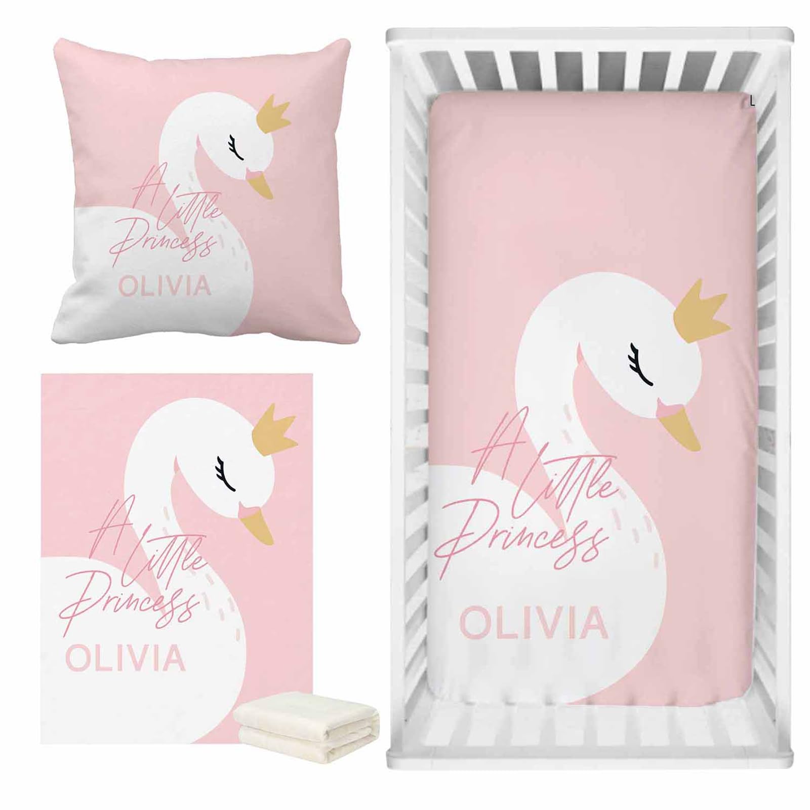 3Pcs A Little Princess Cute Swan Baby Crib Sheet Set, Personalized Fitted Crib Bedding