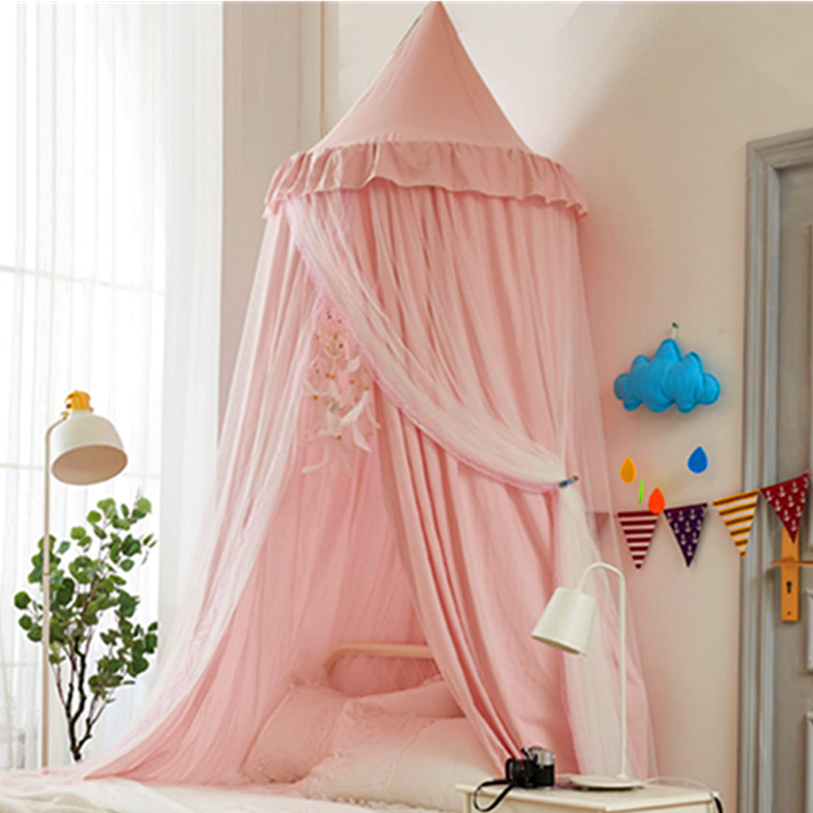 Bed Canopy for Kids with Lights,Double Layer Princess Round Dome Children Dreamy