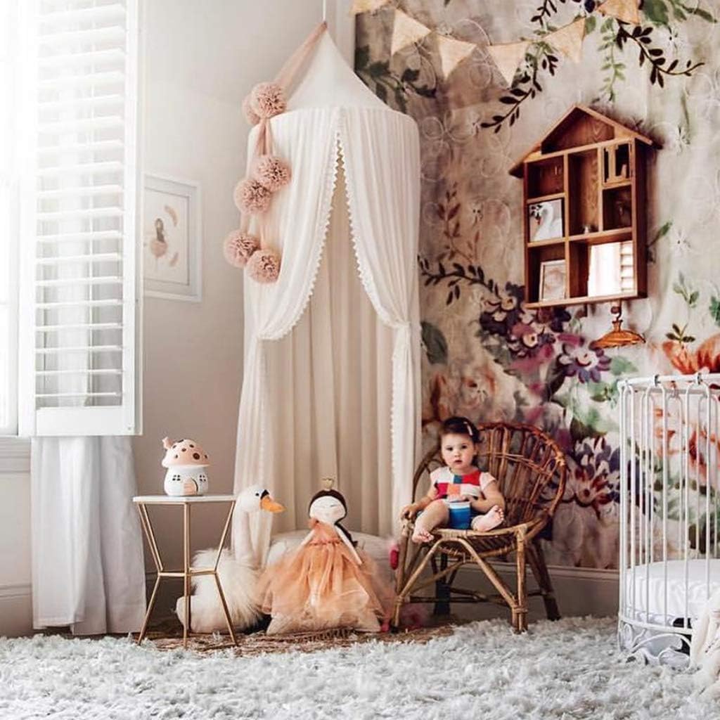 Kids Bed Canopy with Pom Pom Hanging Mosquito Net for Baby Crib Nook Castle