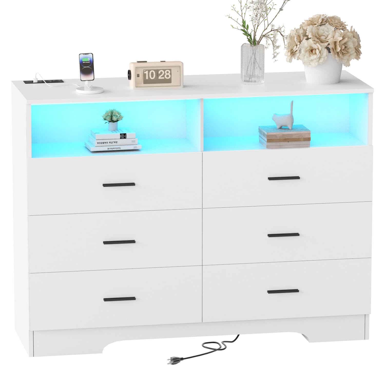 with Power Outlets and LED Lights Wooden 6 Drawer Dresser