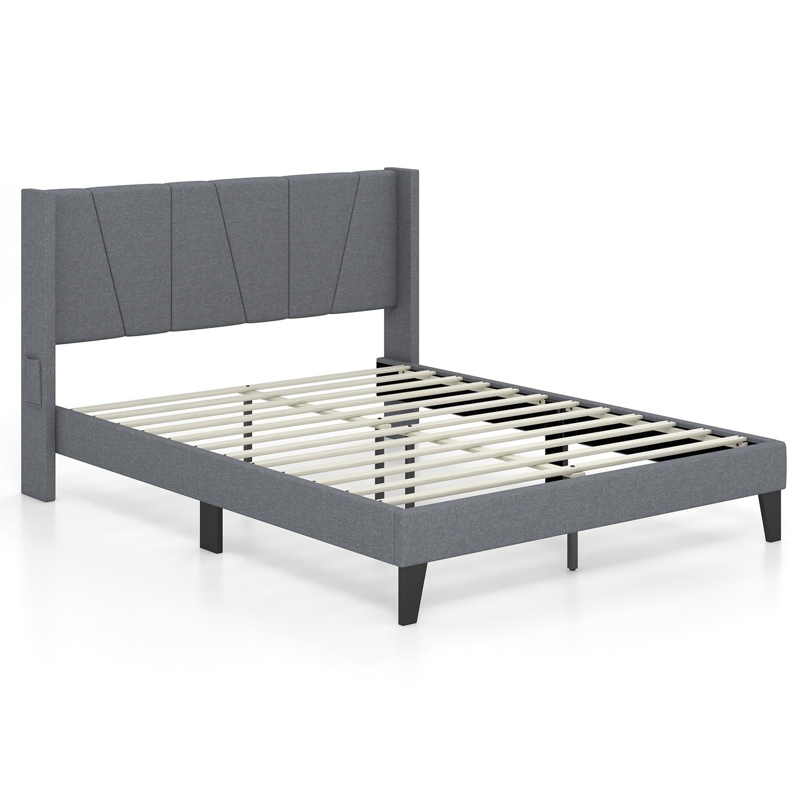 Queen Bed Frame with Wingback Headboard, Modern Upholstered Platform Bed