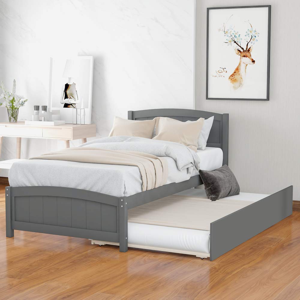 Twin Size Platform Bed with Trundle (Gray)
