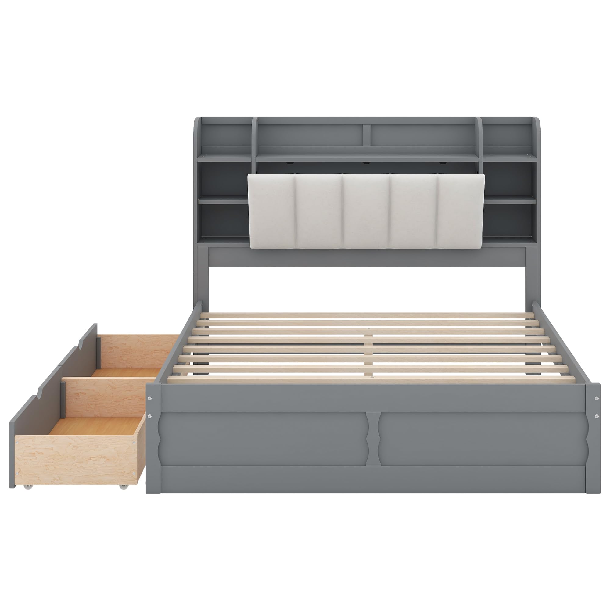 Wood Queen Size Platform Bed with 2 Storage Drawers, Multi-Functional Headboard