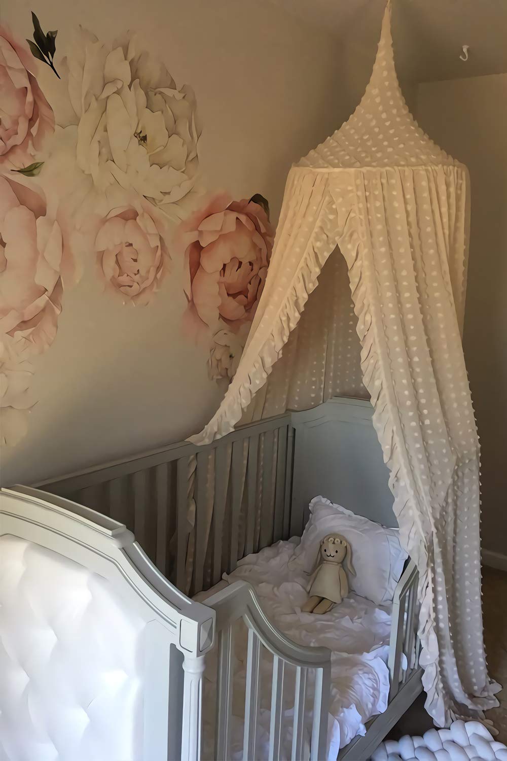 Elegant Kids Bed Canopy - Lace Chiffon Netting with Pom Pom