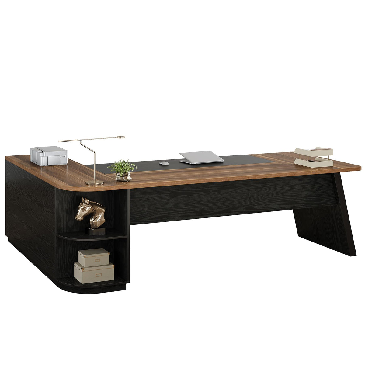 79" L-Shaped Industrial Executive Desk with Cabinet & Open Shelves
