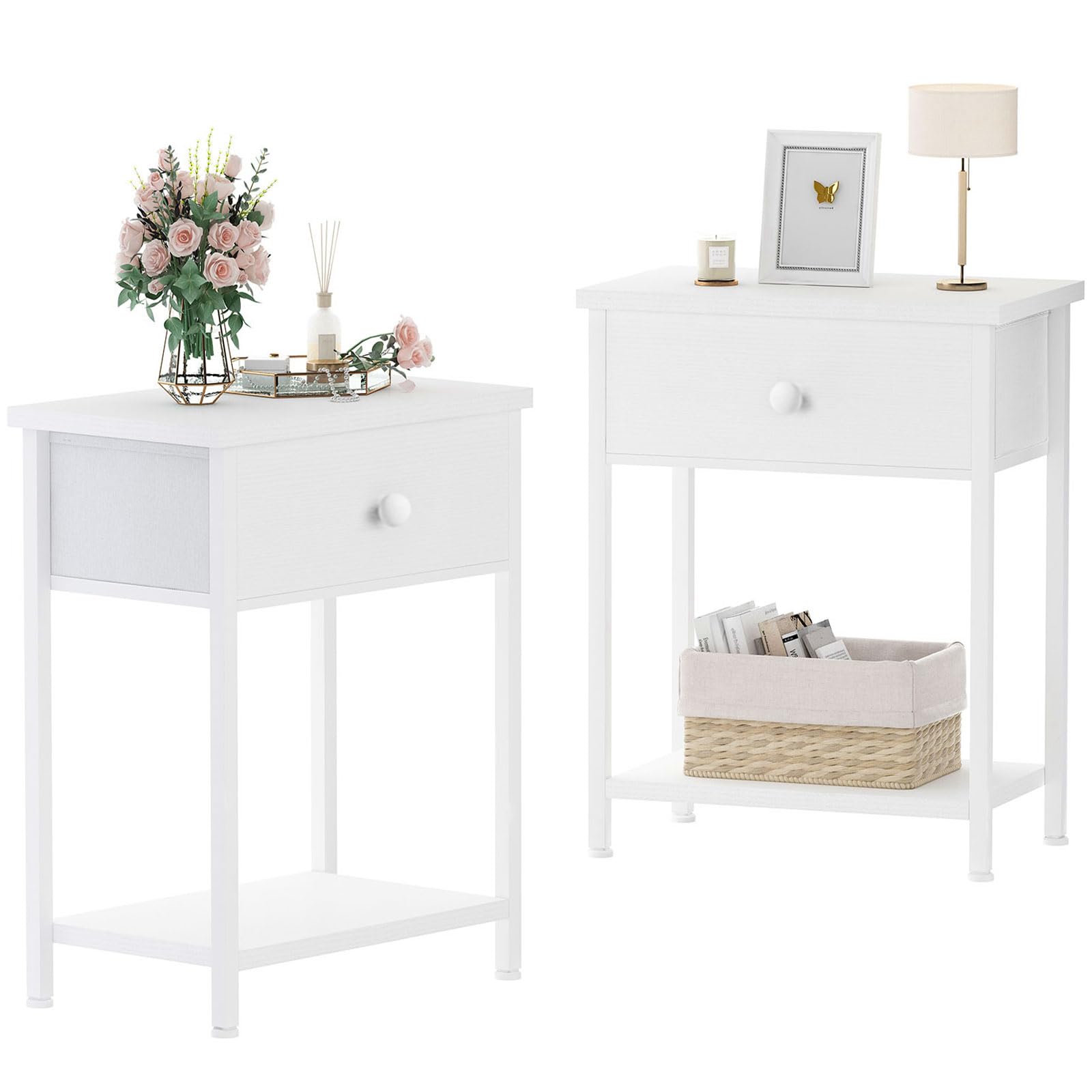 White Nightstands Set of 2, Small Night Stand Set 2
