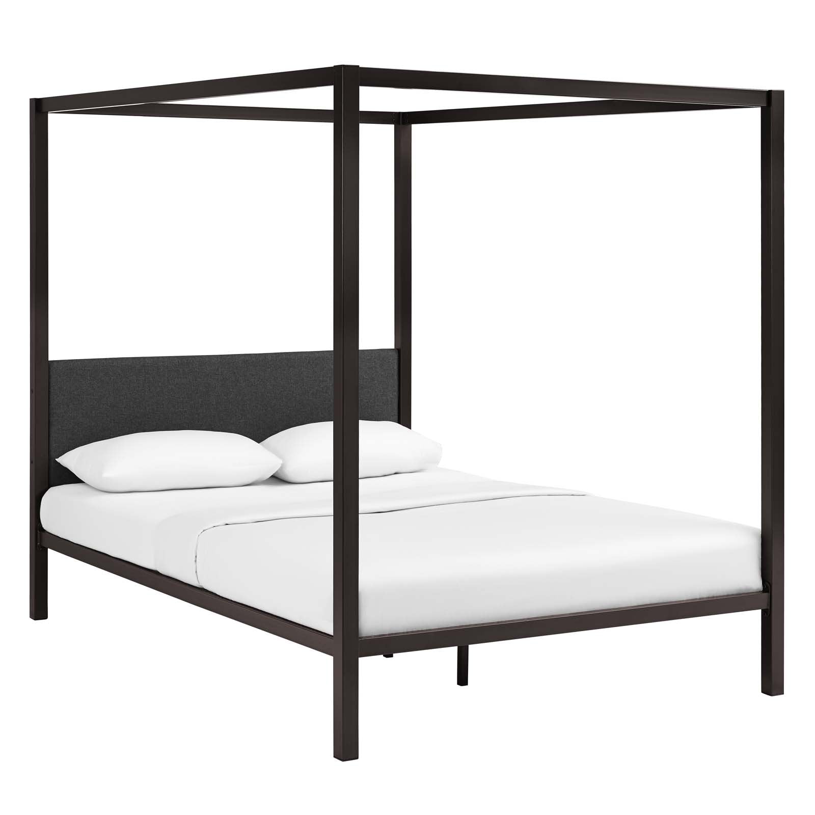 Raina Metal Queen Canopy Bed Frame With Upholstered Gray Fabric Headboard