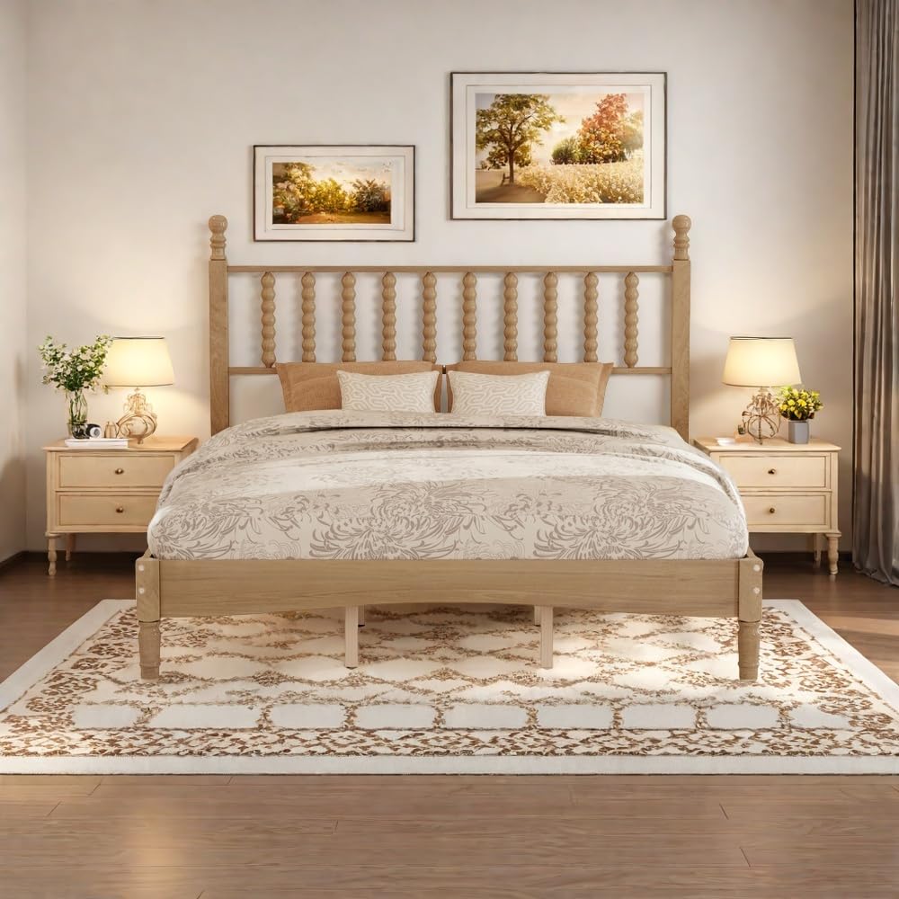 Queen Size Platform Bed with Gourd Shaped Headboard for Adult