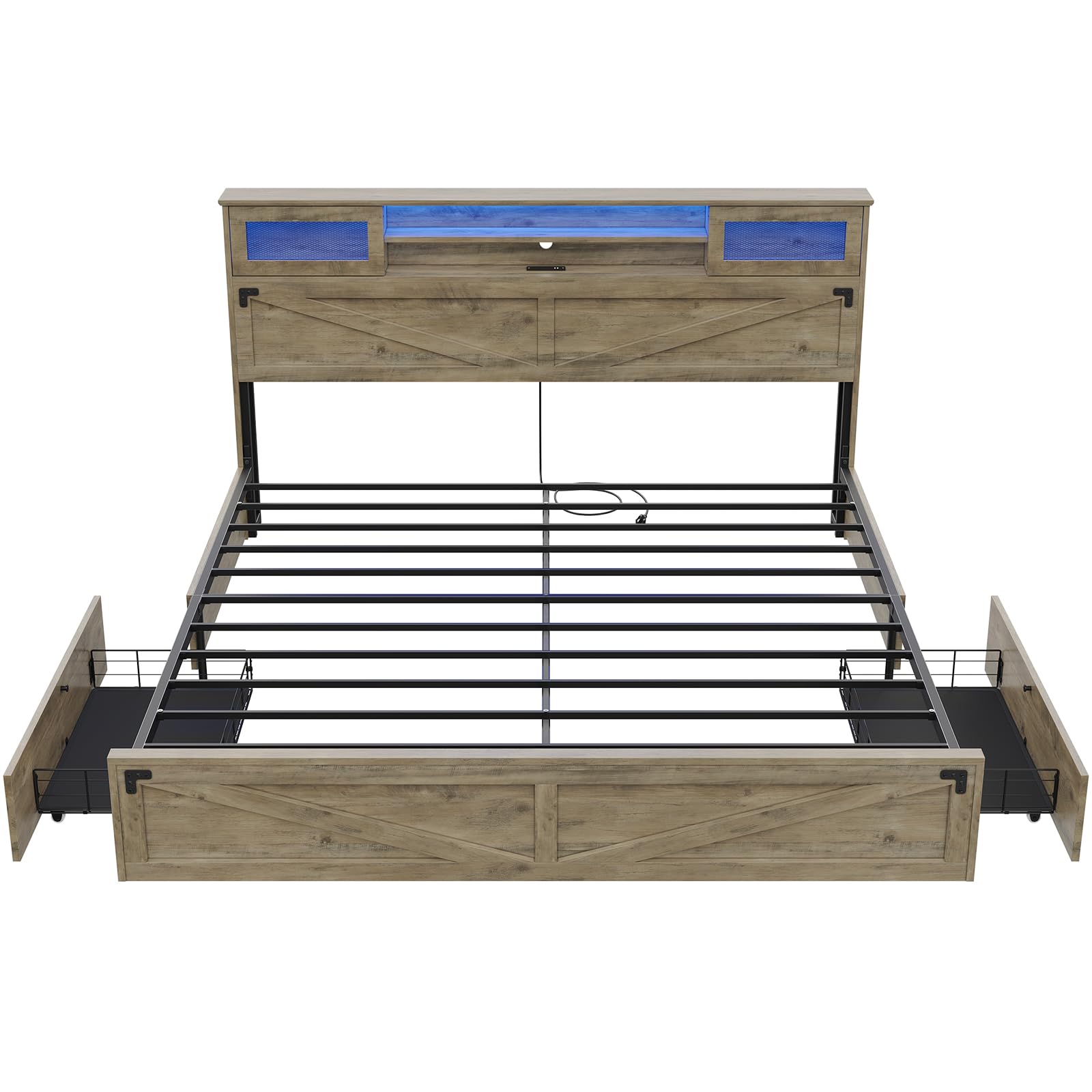 Farmhouse Bed Frame King Size with Bookcase Headboard and 2 Drawers