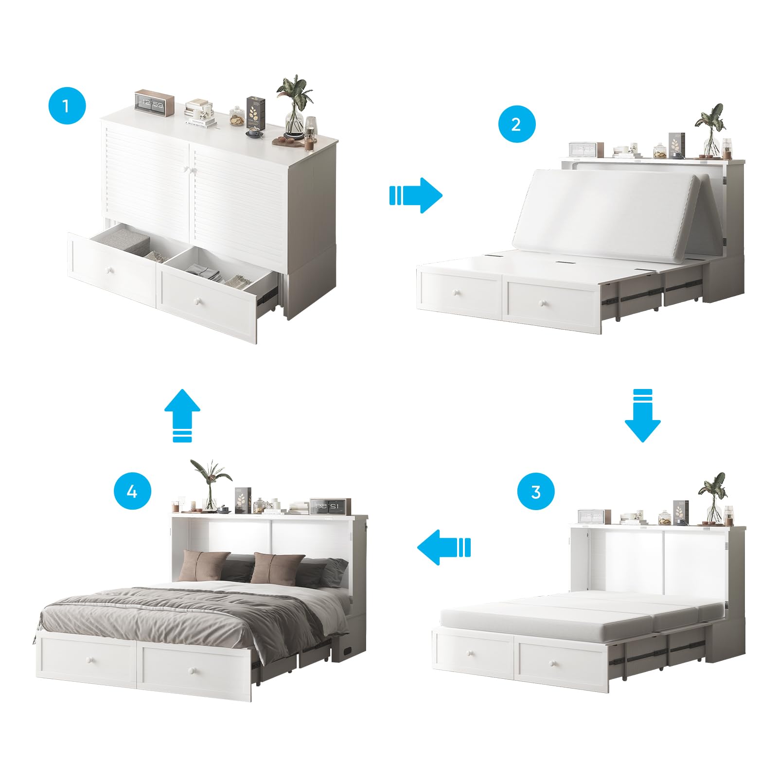 Queen Size Cabinet Murphy Bed with Tri-Folding Mattress, Modern Guest Wall