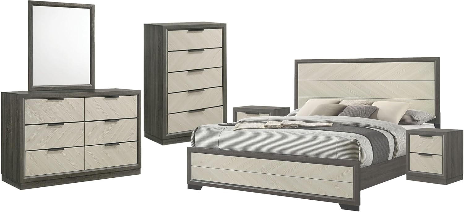 6-Piece King Size Bedroom Set with White and Grey Wood Finish - Farmhouse Style Bed