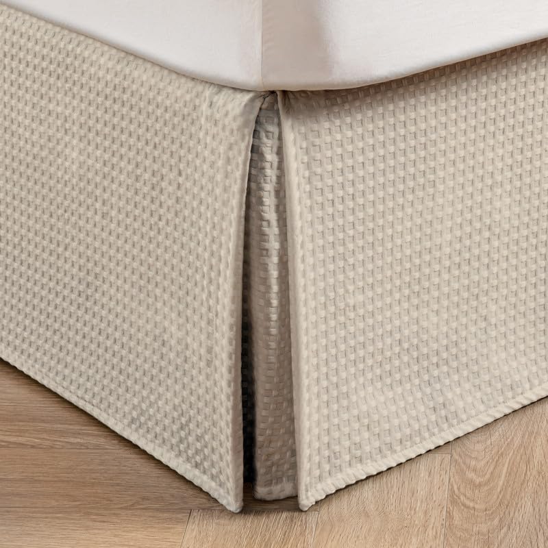 Pleated Waffle Weave Bed Skirt, Tailored Dust Ruffle 14 Inch Drop Easy Fit