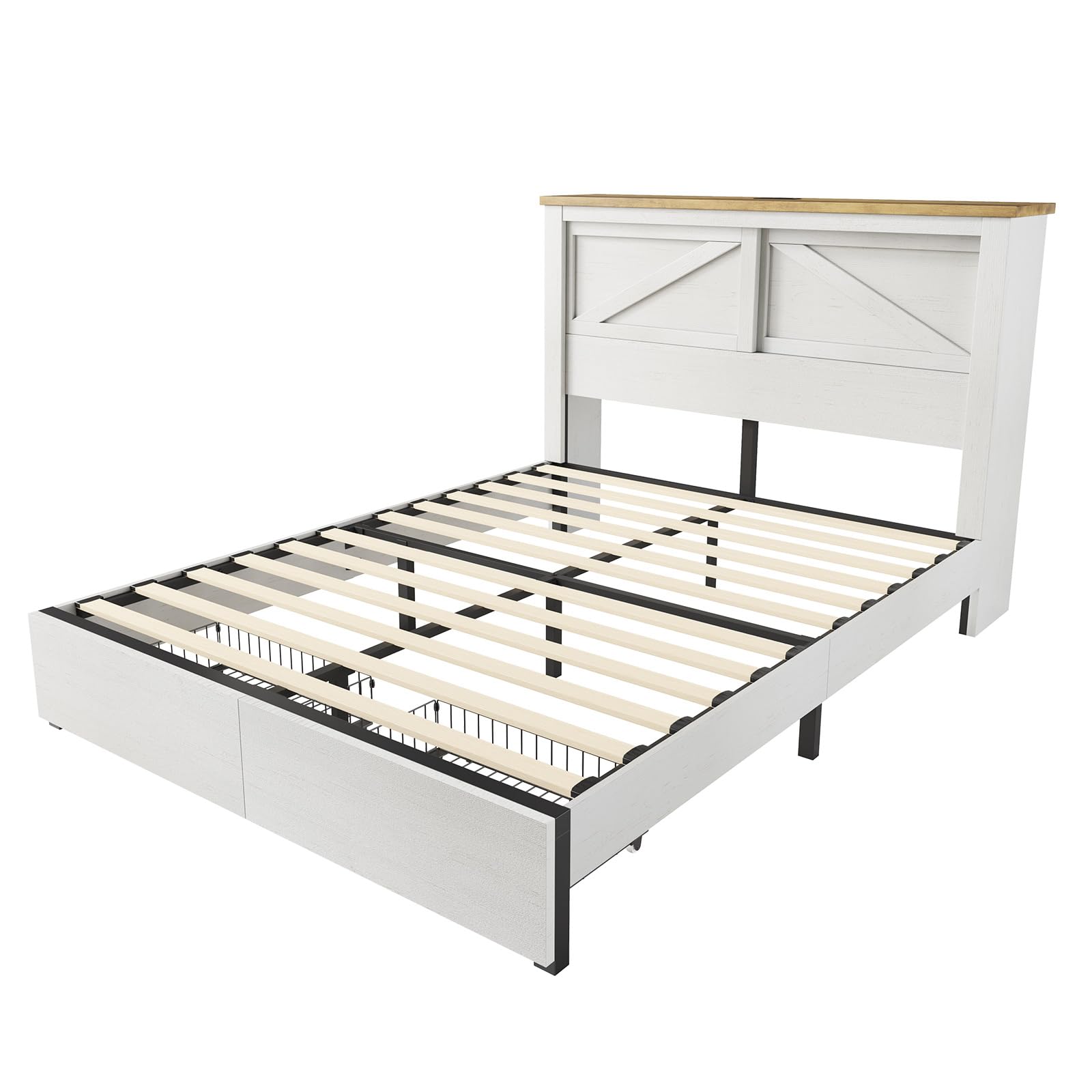 Queen Bed Frame with Hidden Sliding Bookcase Headboard