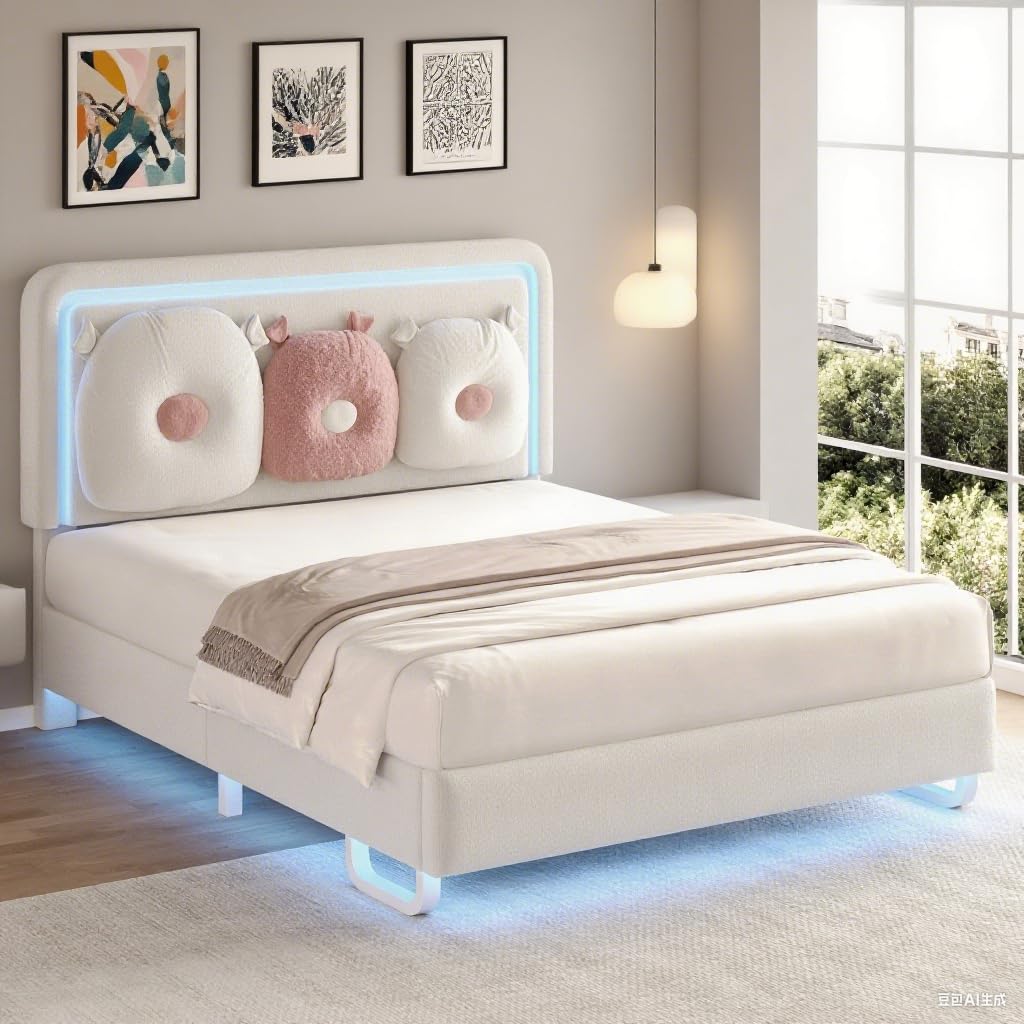 Frame with Boucle Upholstered Headboard, Girls Bed, Solid Wood Slats Support