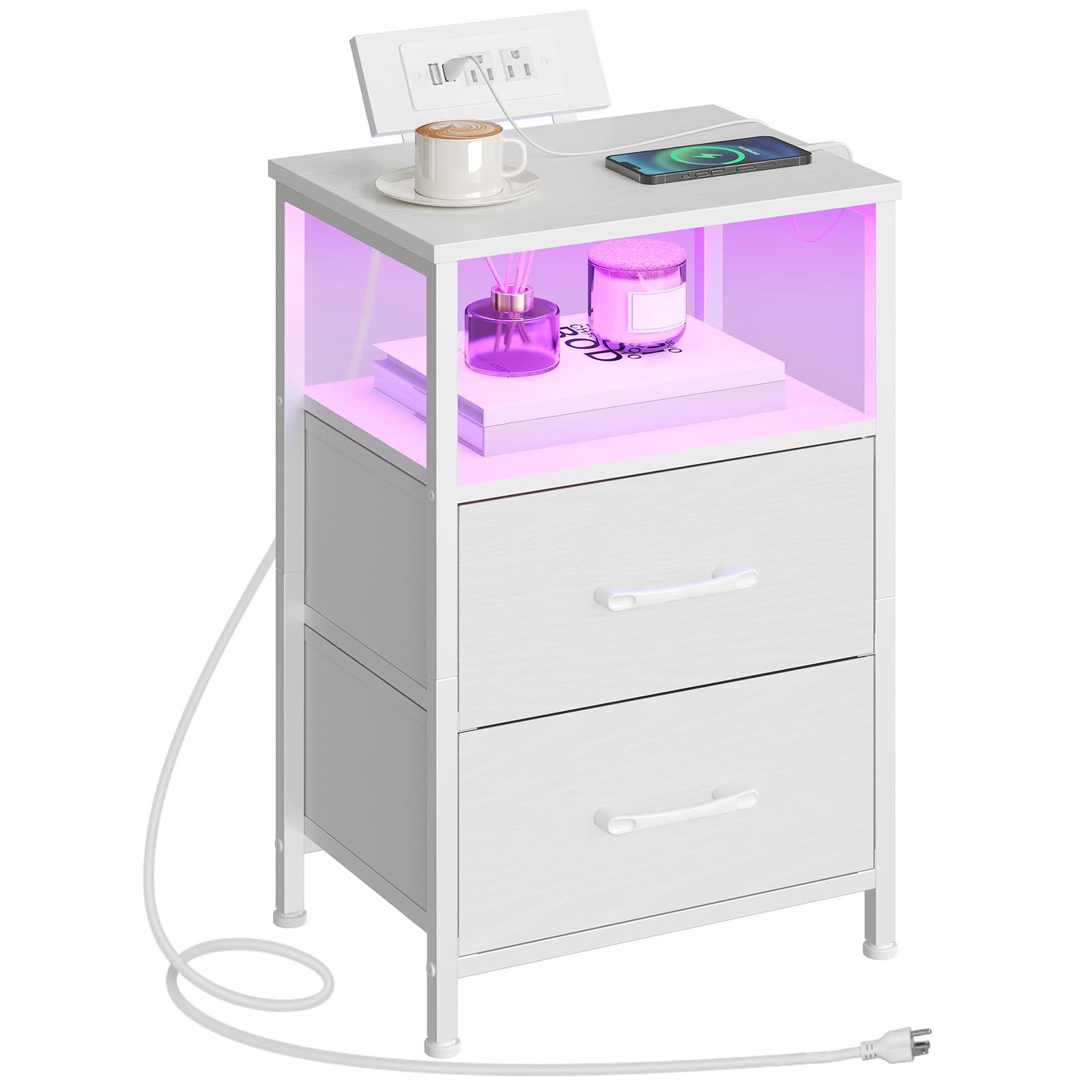 Nightstand with Charging Station, Bedside Table with LED Lights and 2 Fabric Drawers