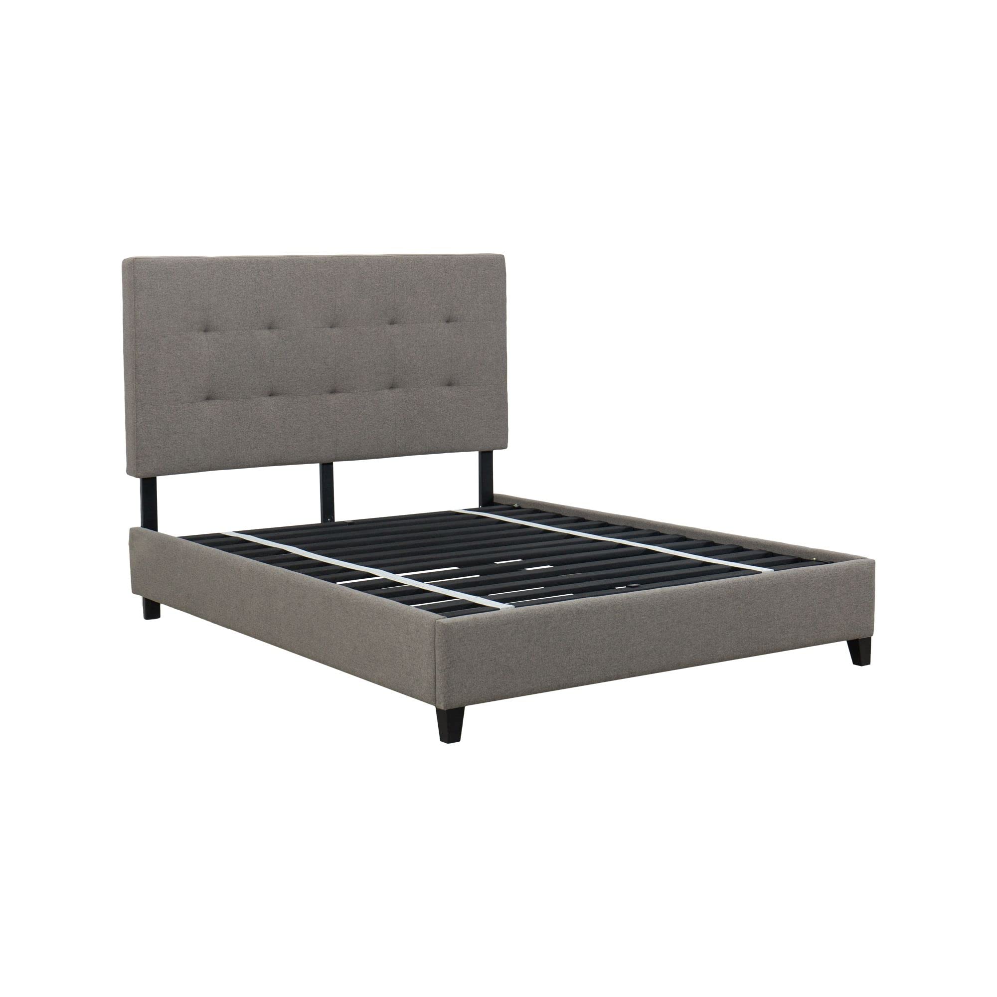 Upholstered Bed Frame Black Finish Wood Legs Adjustable Height, Tufted Headboard