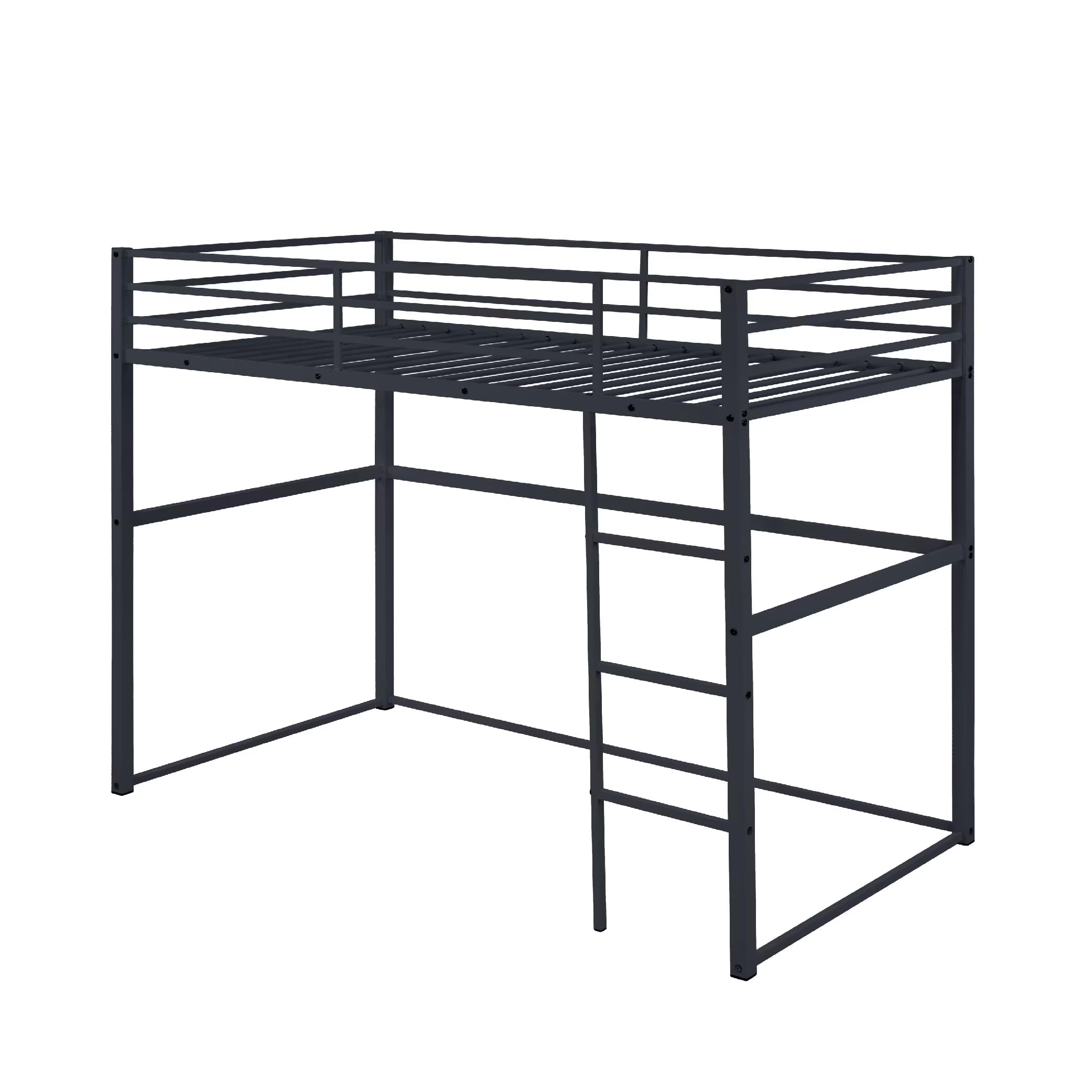 Metal Loft Bed Twin Size, Loft Bed Frame with Safety Guard Rails & Flat Ladder