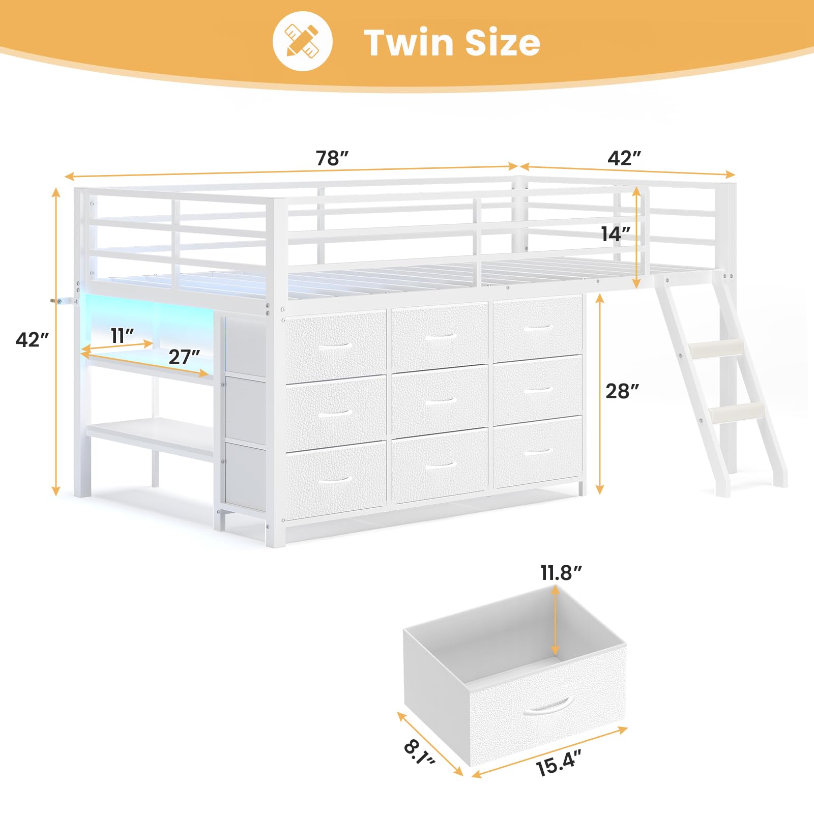 Twin Loft Bed for Kids, Low Loft Bed Twin Size with 9 Storage Dresser