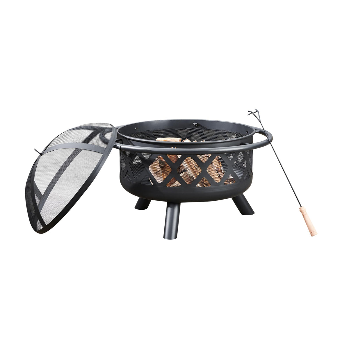 30" Round Wood Burning Fire Pit with Steel Base, Black
