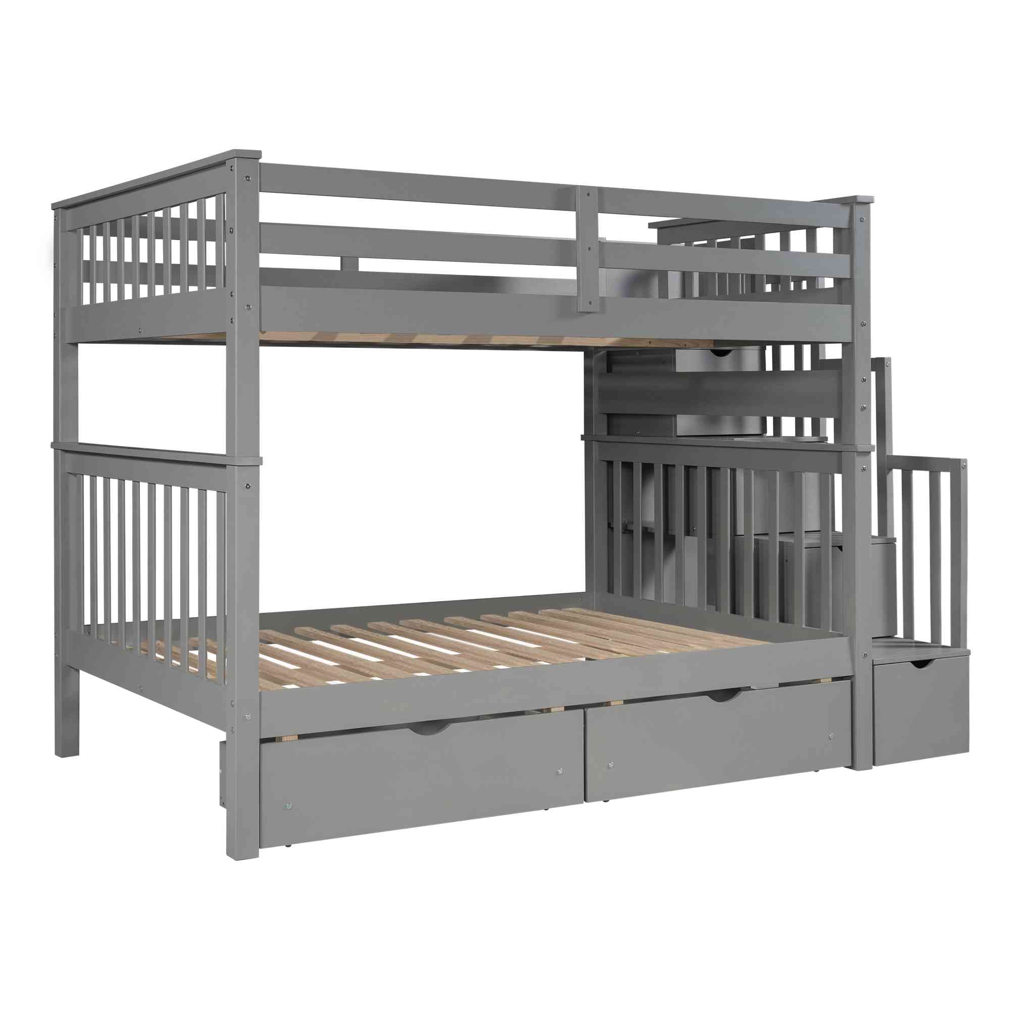 Full Bunk Bed with Stairs and 6 Storage Drawers, Wood Stairway
