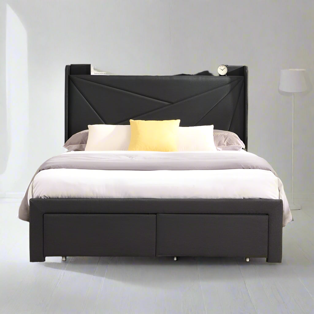 Queen Bed Frame with 2 Storage Drawers, Upholstered Bed Frame with Charging Station