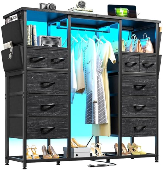 Black Dressers for Bedroom with Hanging Rack & Clothes Rack Side Pockets