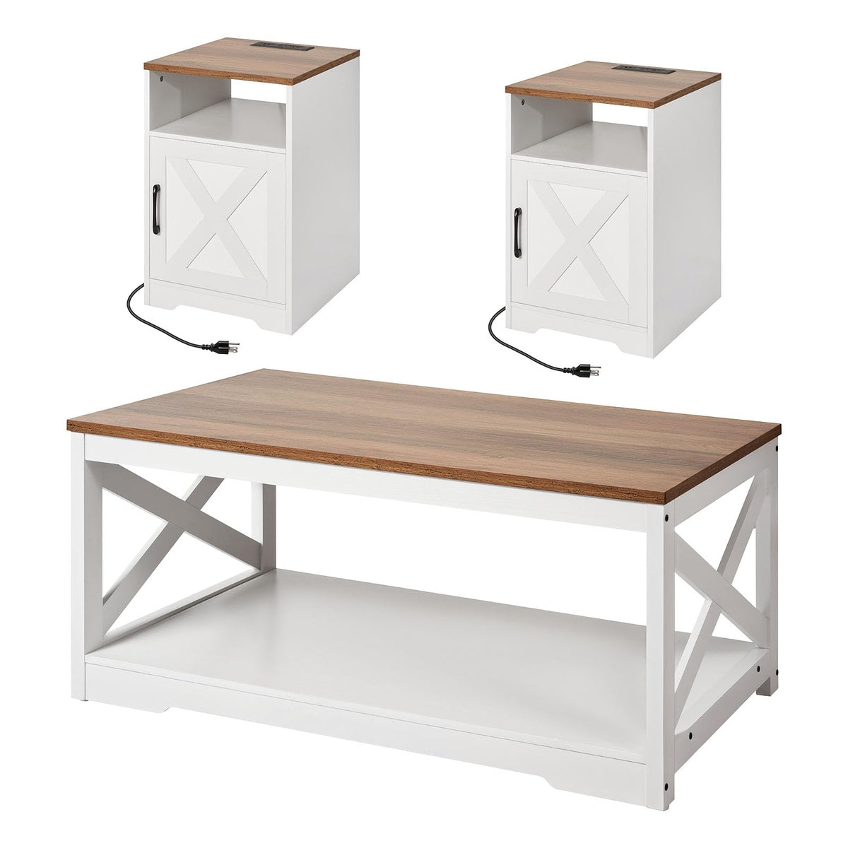 Farmhouse 3-Piece Coffee & End Table Set | Charging Station, Drawers