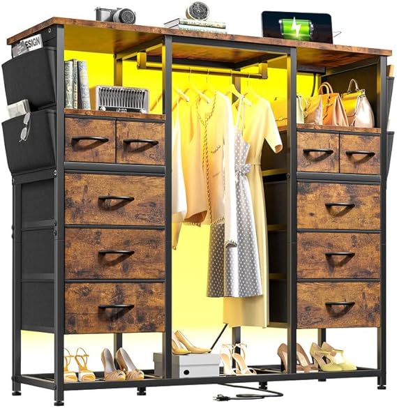 Black Dressers for Bedroom with Hanging Rack & Clothes Rack Side Pockets