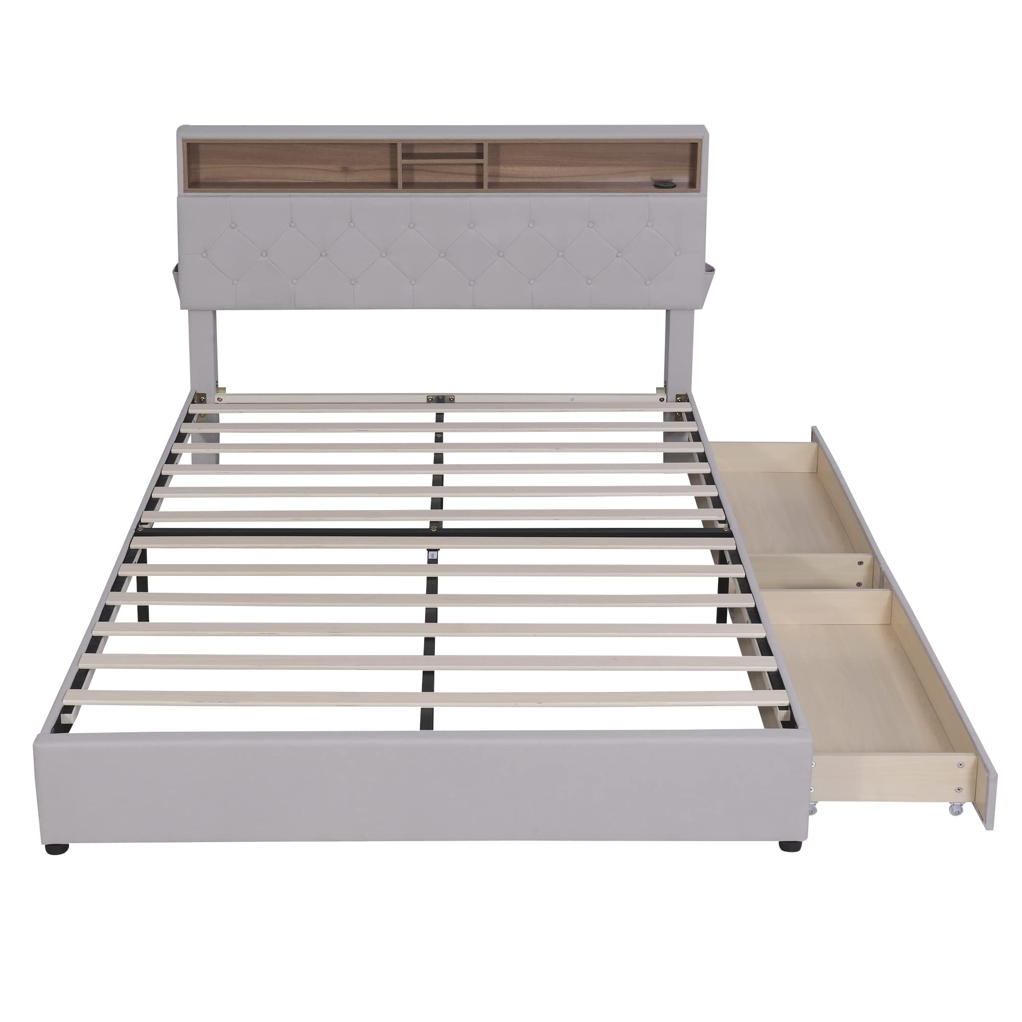 Queen Size Platform Bed with Storage Headboard and 2 Drawers, Linen Fabric Upholstered