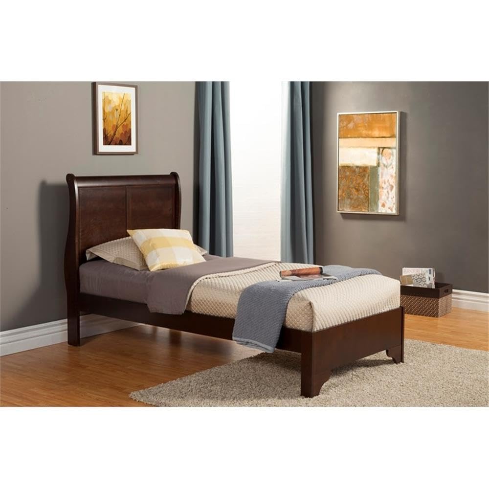 Twin Size Wood Sleigh Bed, Box Spring Required, in Cappuccino (Brown)