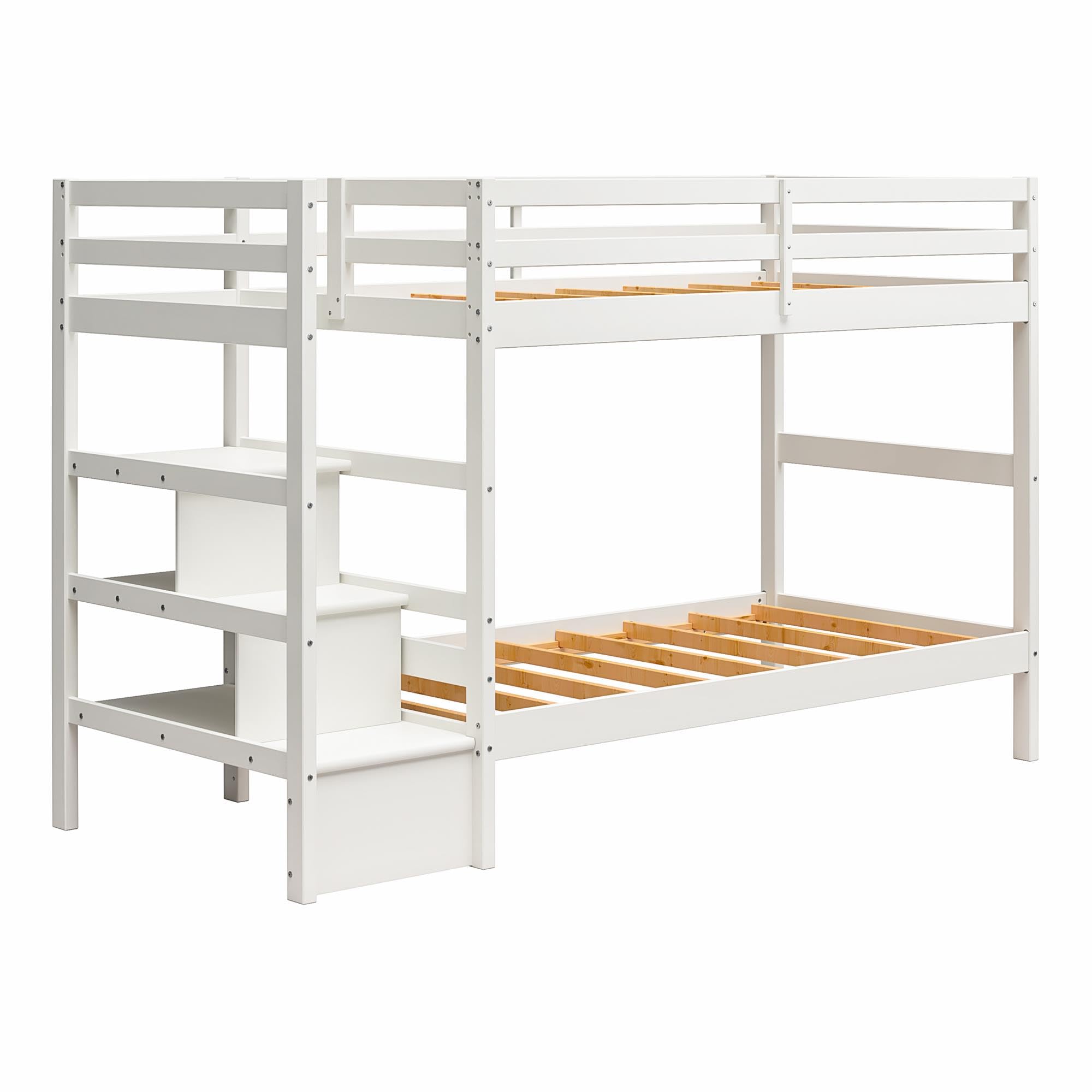 Solid Wood Bunk Bed with Stairs and Storage Shelves, White