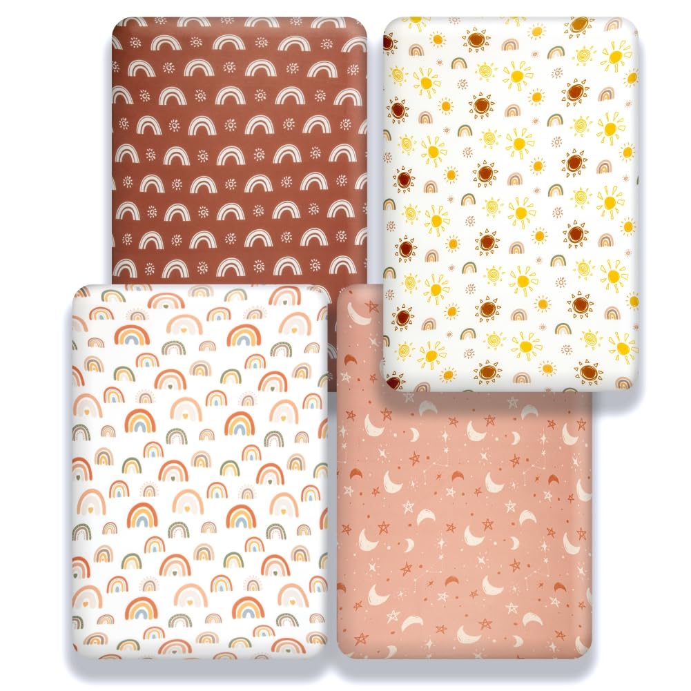 4 Pack Crib Sheets Boho Nursery Sheets Sunshine and Rainbow Desdign Neutral