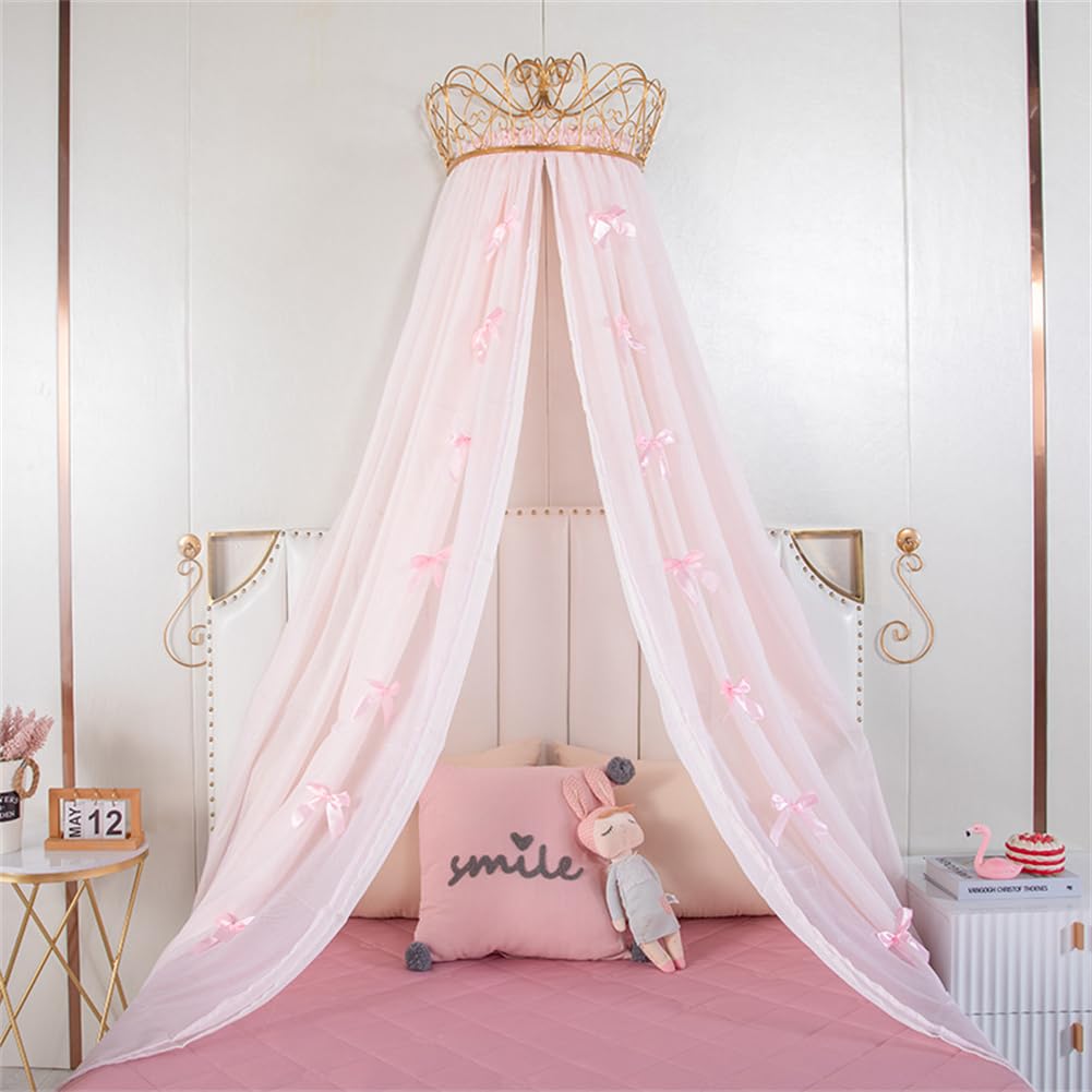 Princess Bed Canopy Chiffon Girls Bed Curtain Decorative Drapery Metal Crown