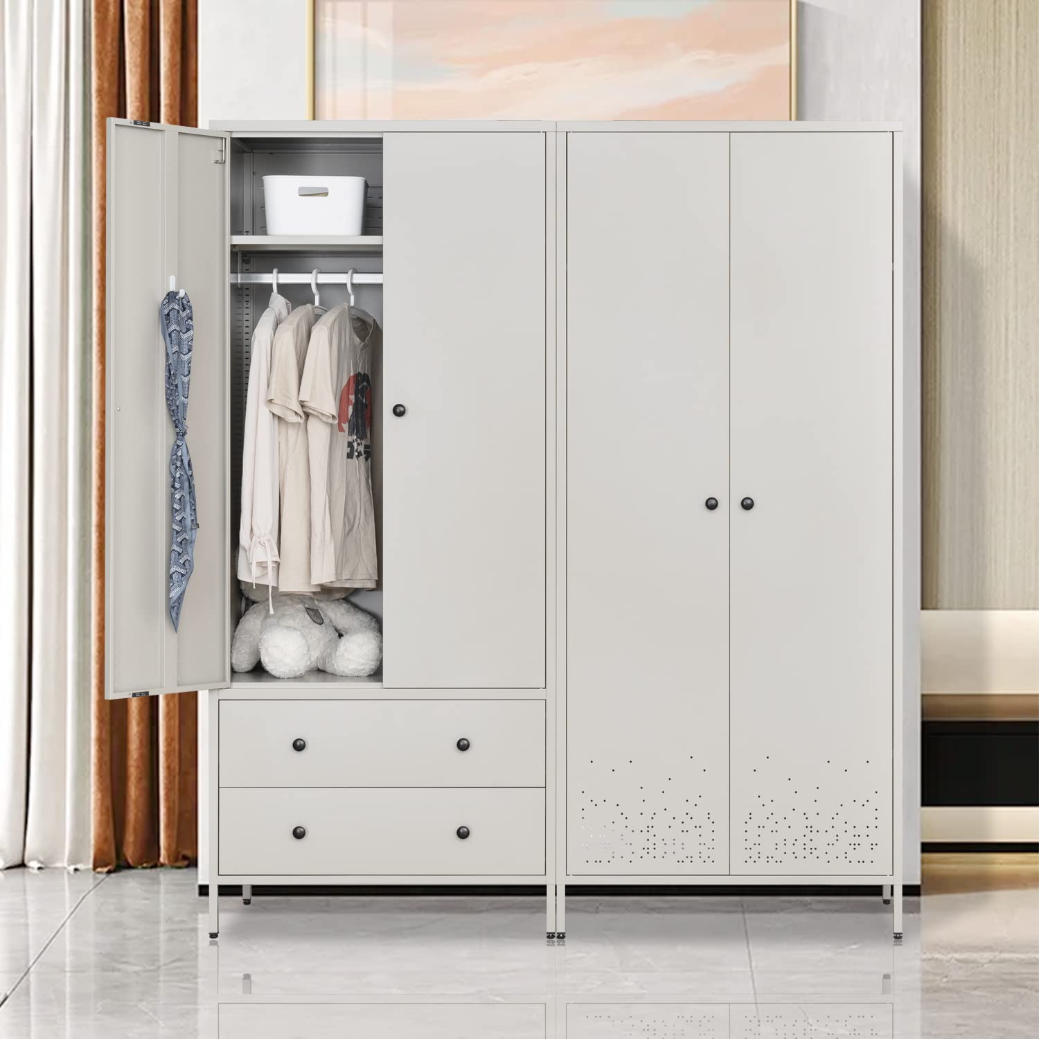 Bedroom Armoires, Metal Wardrobe Closet with Hanging Rod
