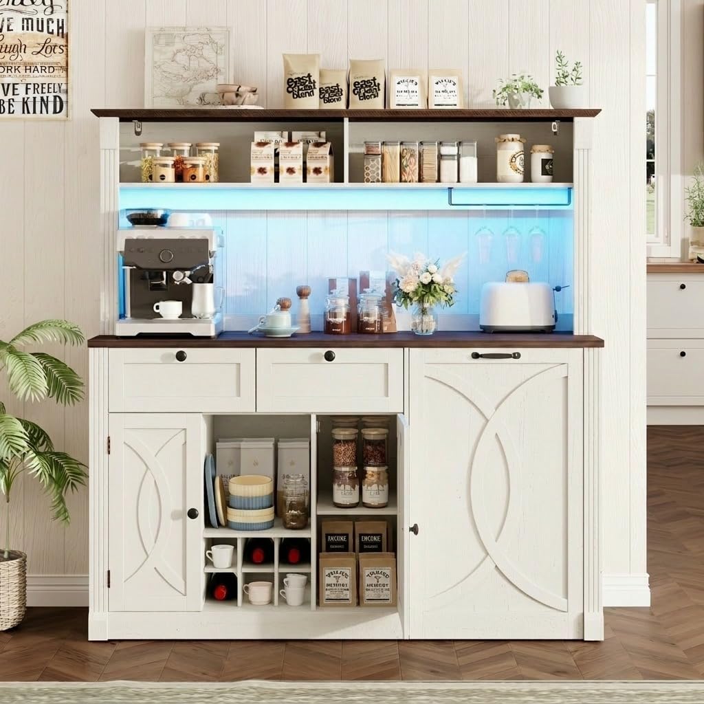 Farmhouse Coffee Bar Cabinet with Storage Hutch, Wine Rack & RGB LED