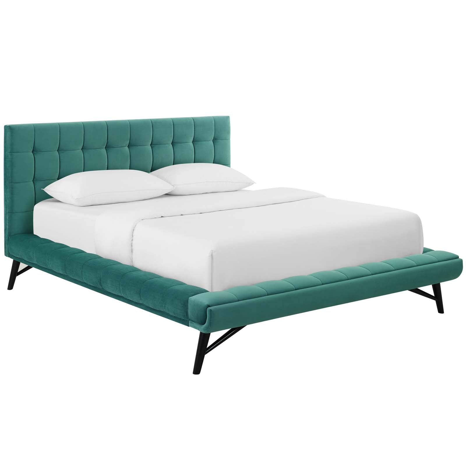 Julia Mid-Century Biscuit Tufted Performance Velvet Queen Platform Bed in Teal