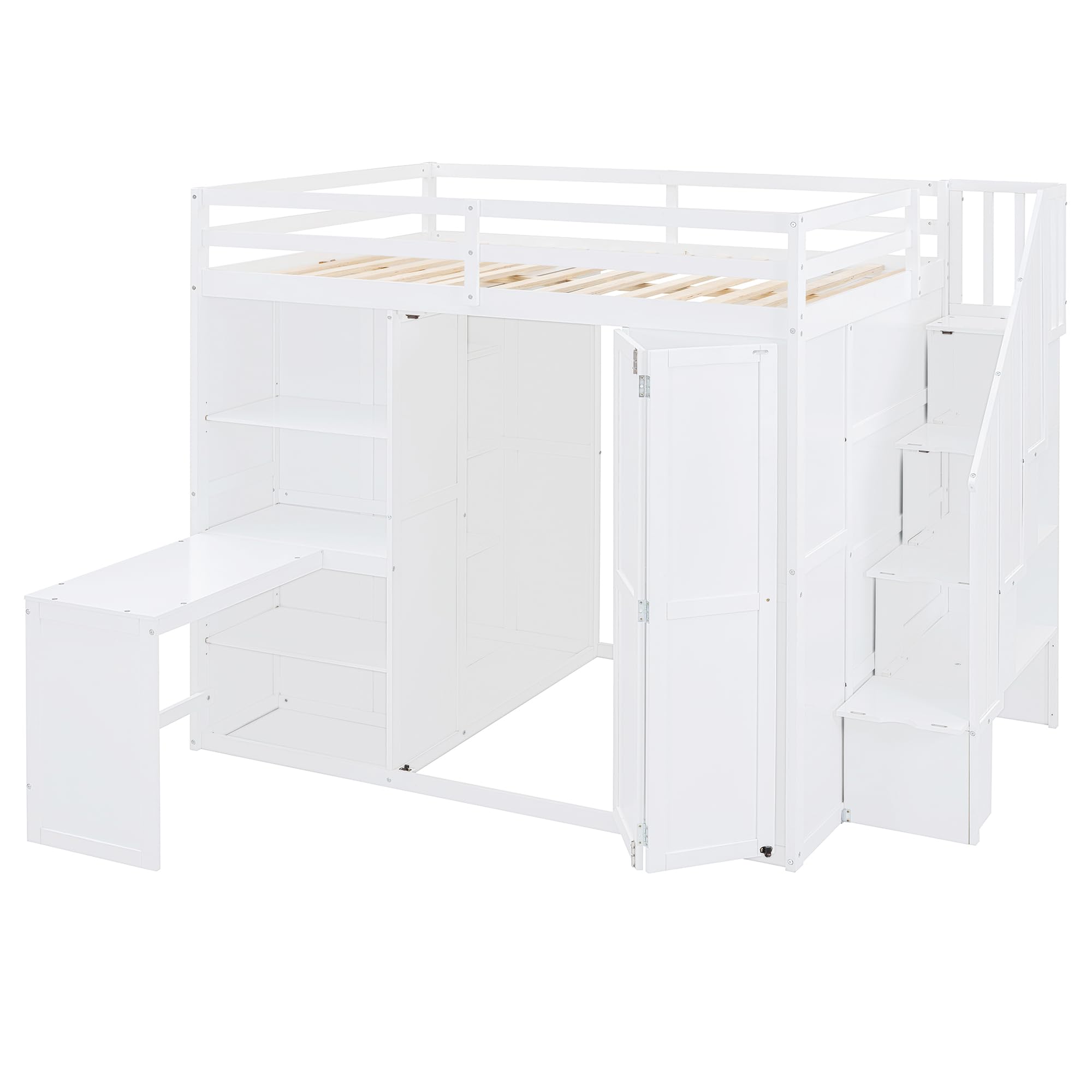 Size Loft Bed, Wood Bedframe with Wardrobe, Storage Stairs, Desk