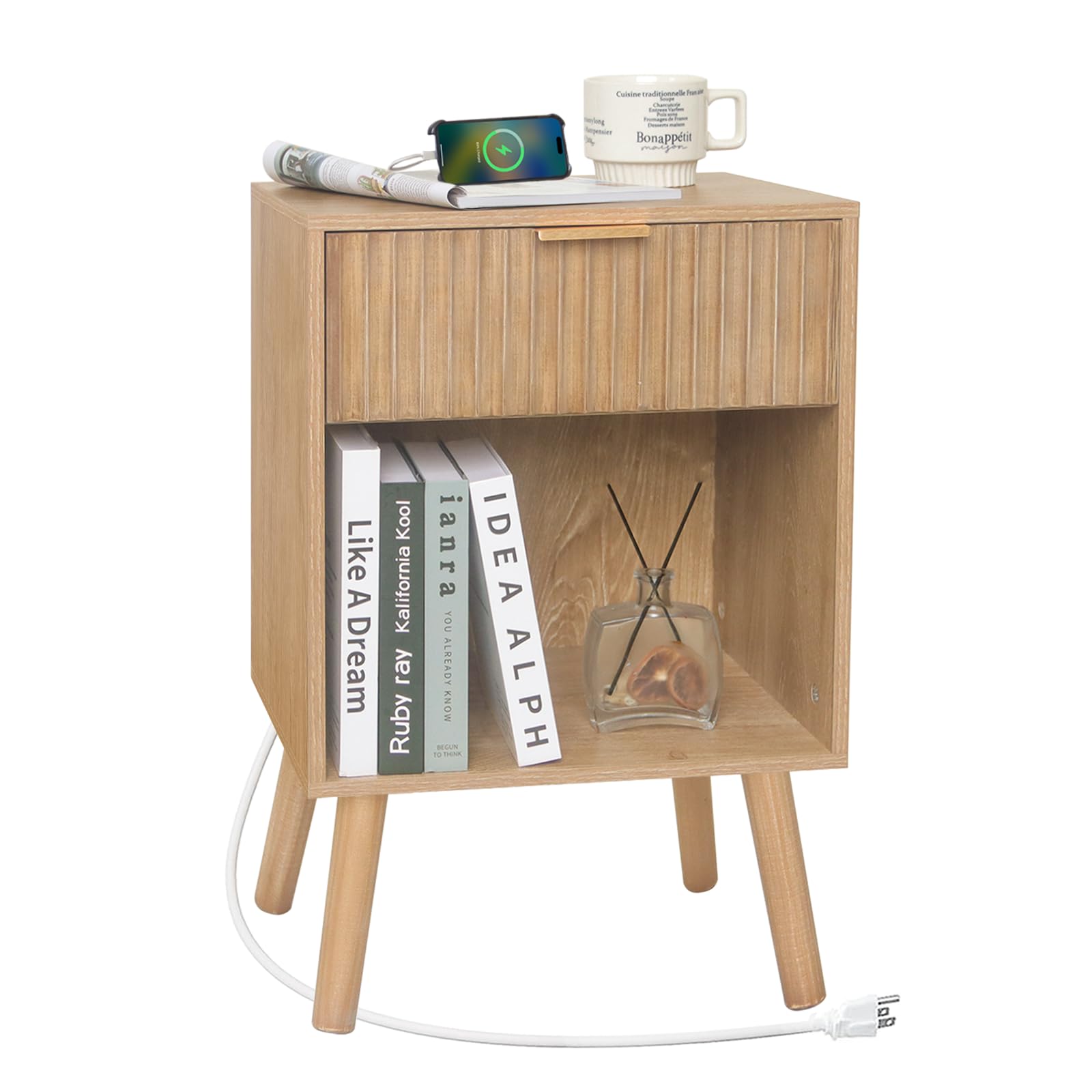 Wood Nightstand with Charging Station, Bedside Table with Fluted Drawers and Outlet