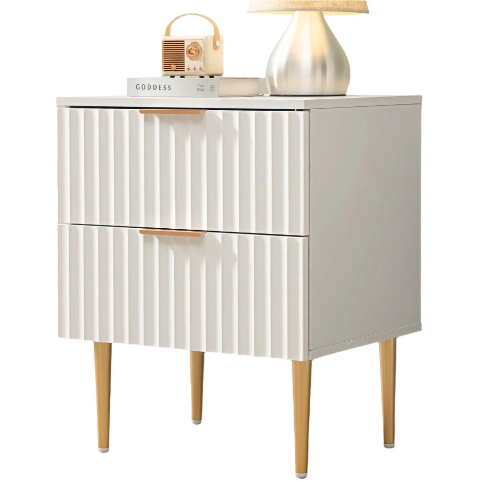 White Night Stand Set 2, Wide Fluted Nightstand with 2 Drawers