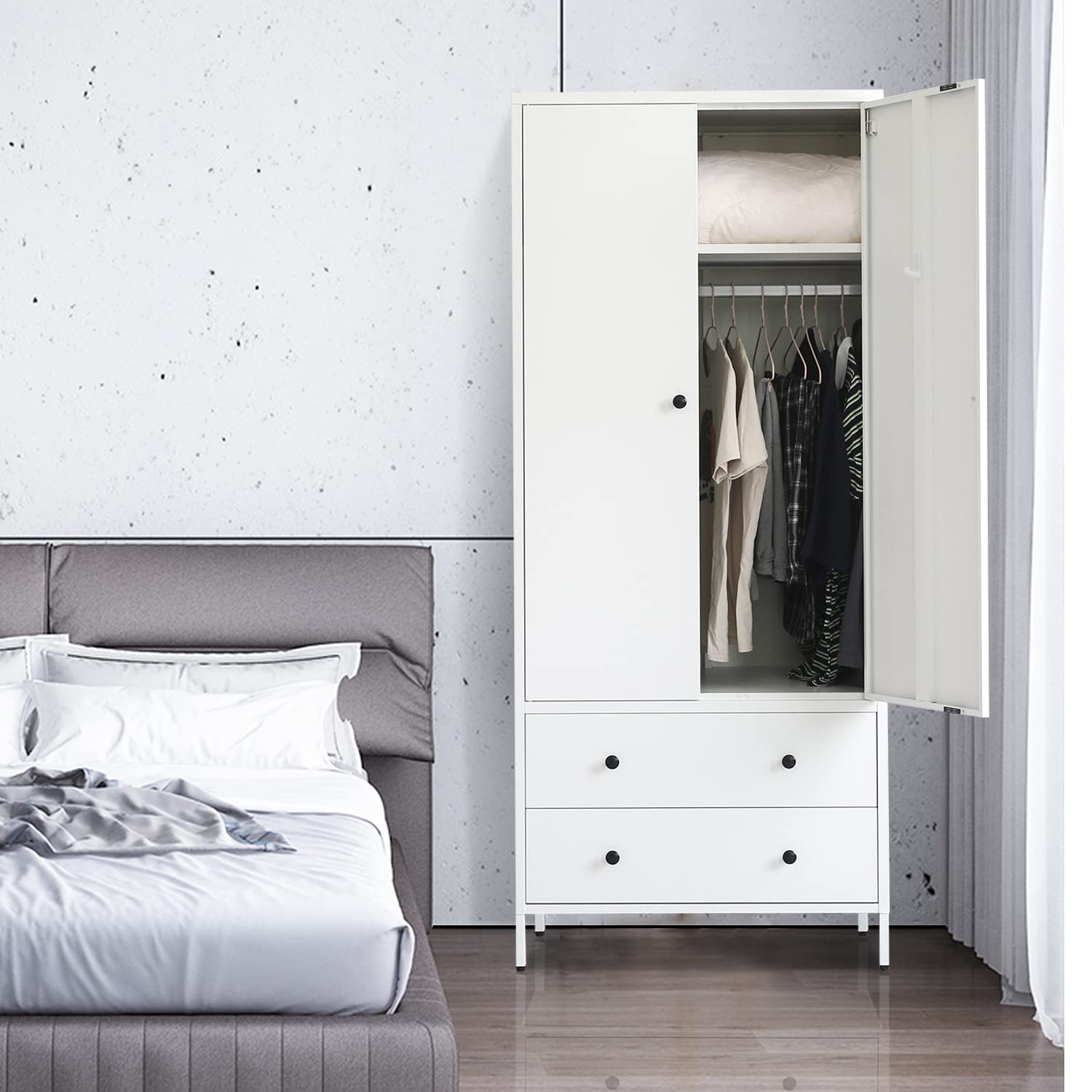 Wardrobe Closet, Metal Armoires and Wardrobes with Two Drawers