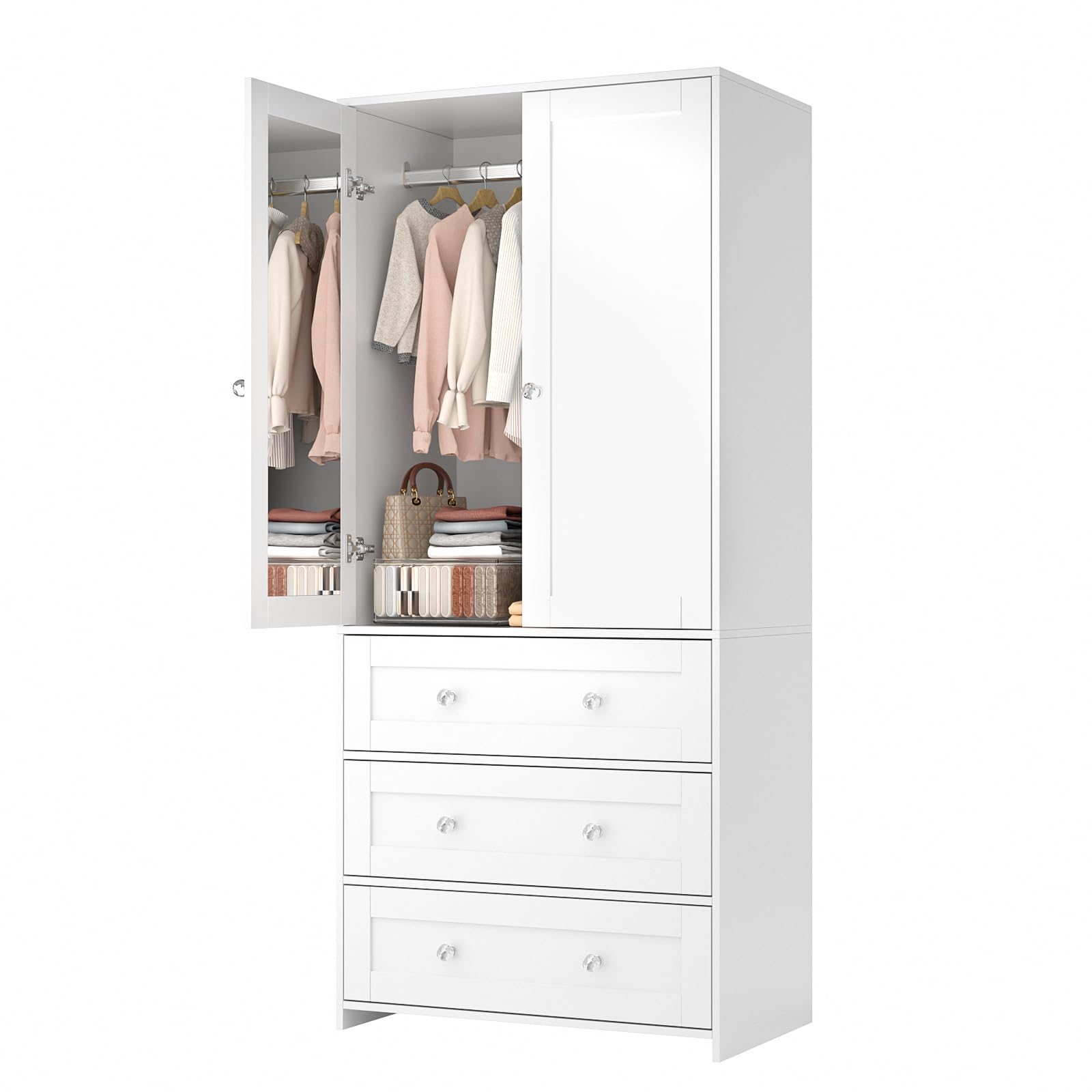 Armoire Wardrobe Closet with Drawers and Mirror, 71" Clothing Storage Cabinet