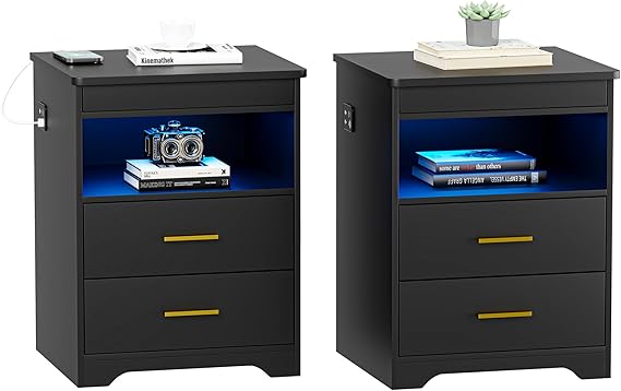LED Nightstand with Gun Drawer, Modern Beside Table with Charging Station