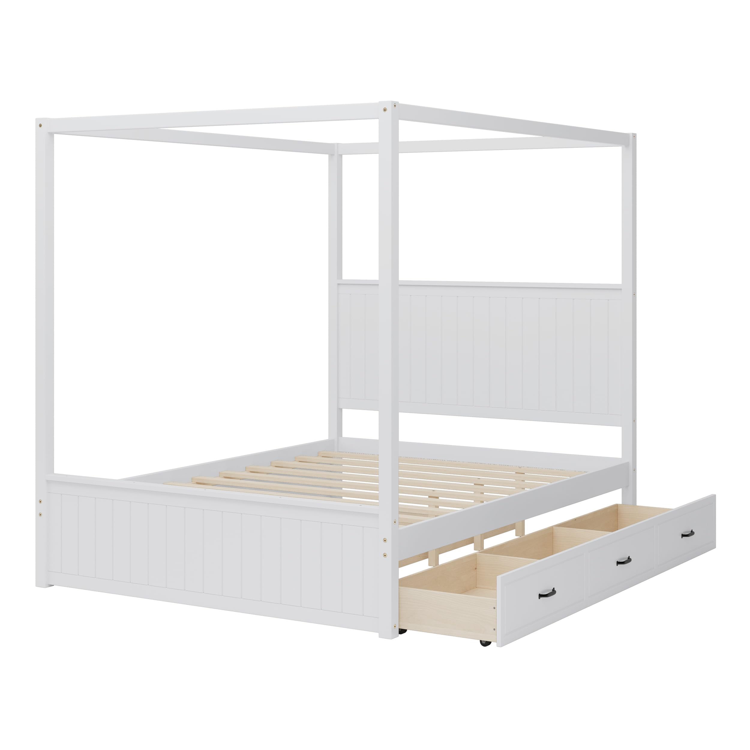 Canopy Bed Frame Queen Size, Canopy Bed with Trundle and 3 Storage Drawers