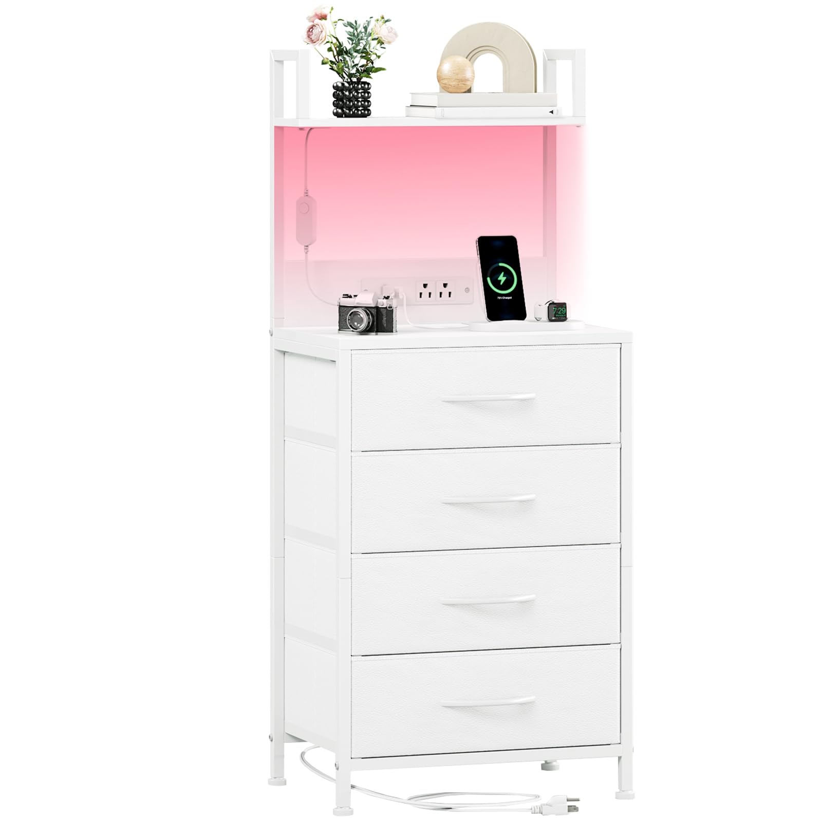 White Nightstand with Charging Station and LED Lights
