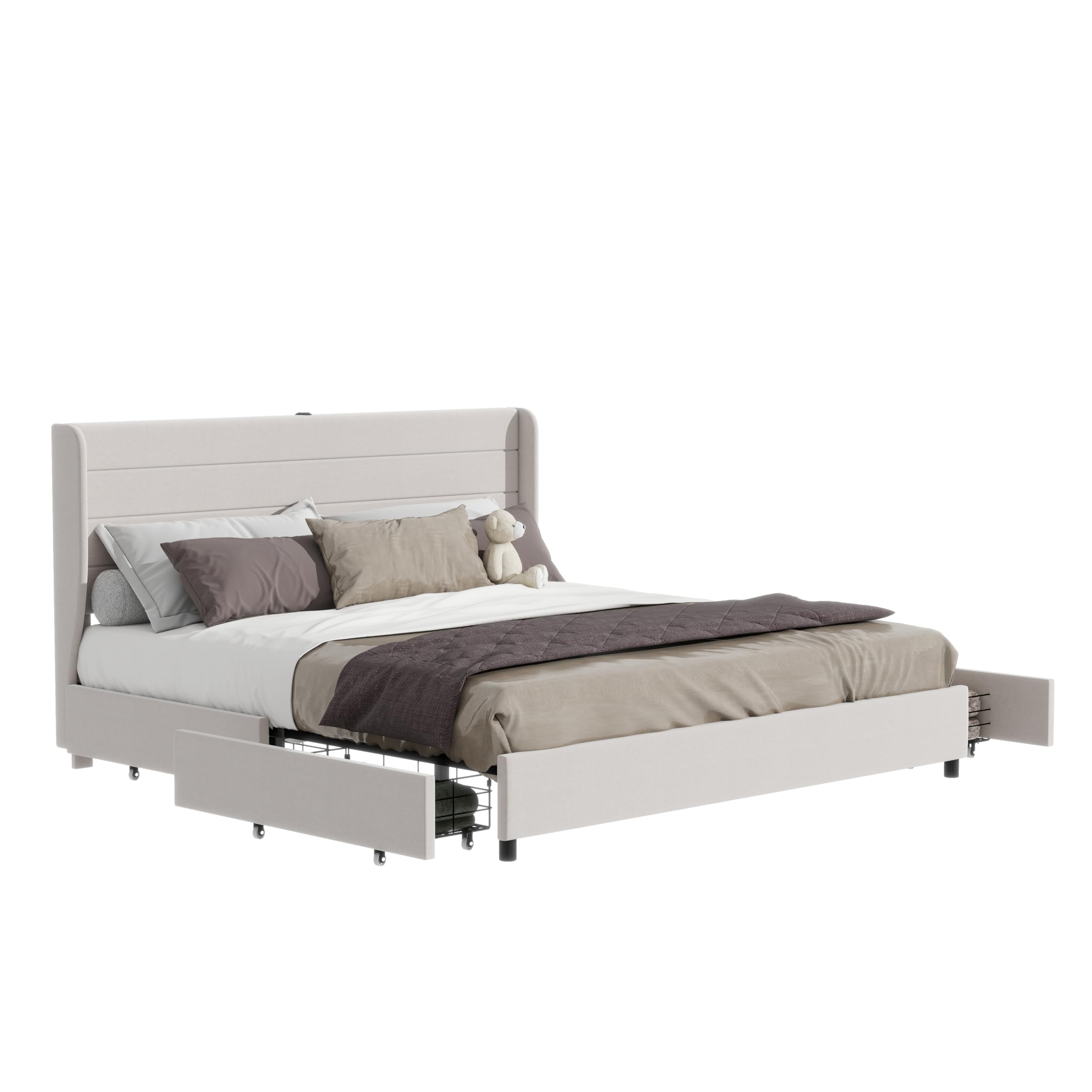 King Size Bed Frame with 4 Storage Drawers & Charging Station