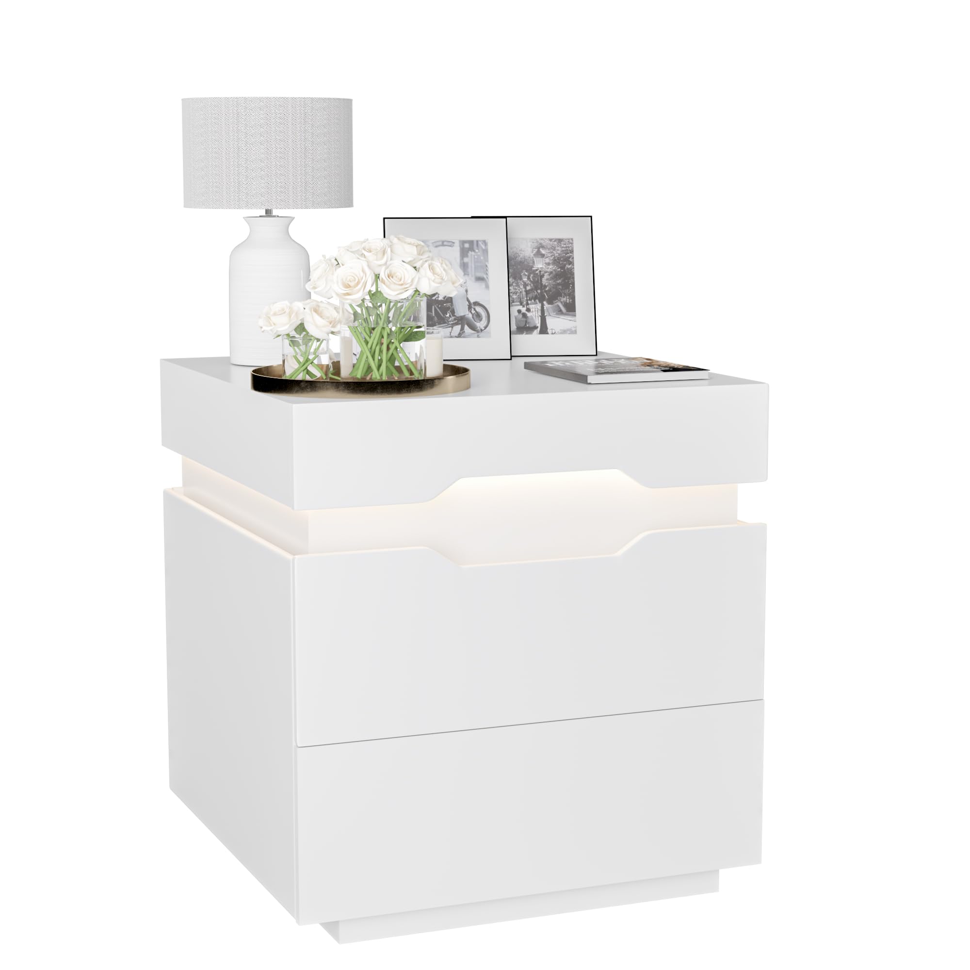 Nightstand with LED Light and Charging Station, Endtable with 2 Drawers