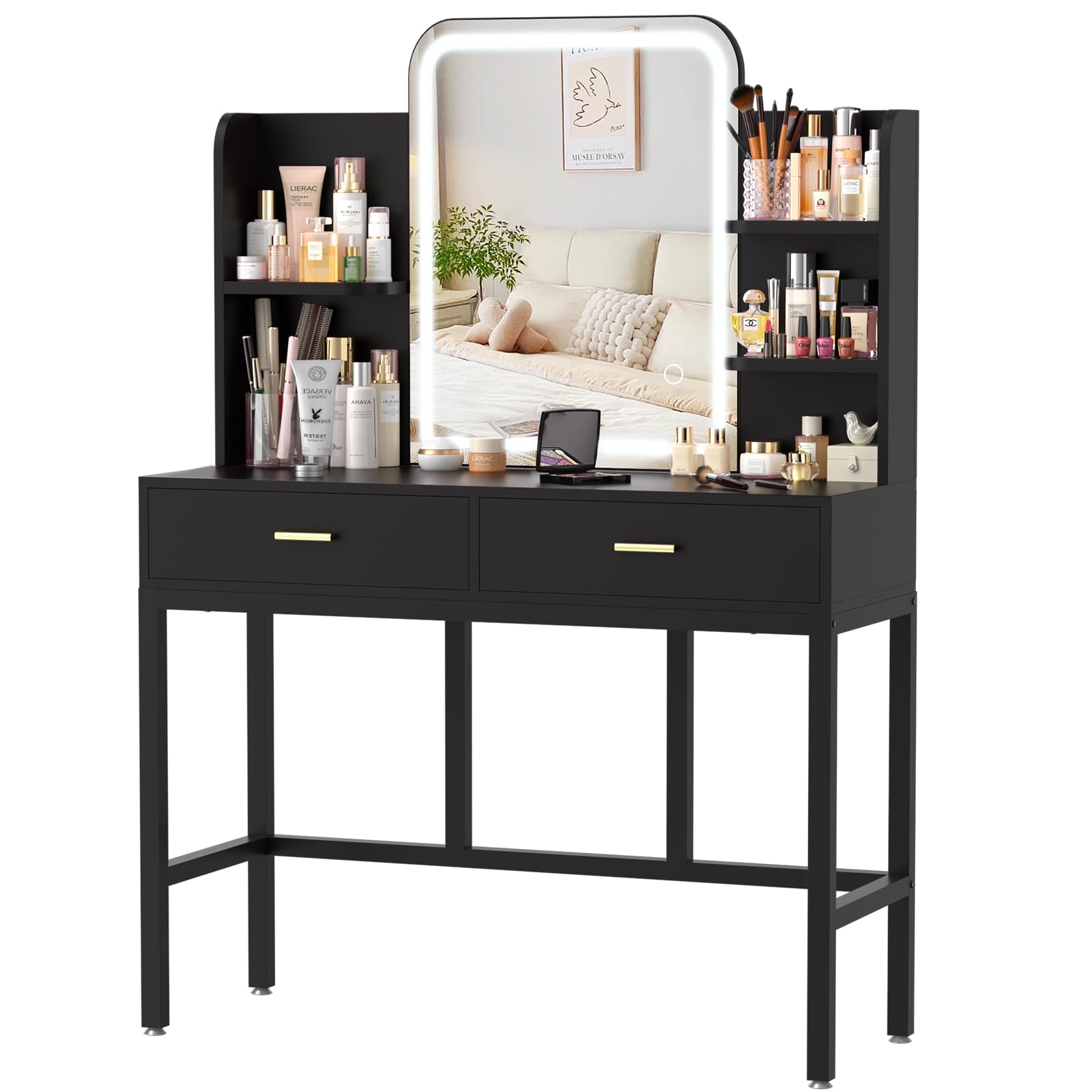 Makeup Vanity Desk with Mirrors, Vanity Set with 2 Storage Drawers and Open Shelves